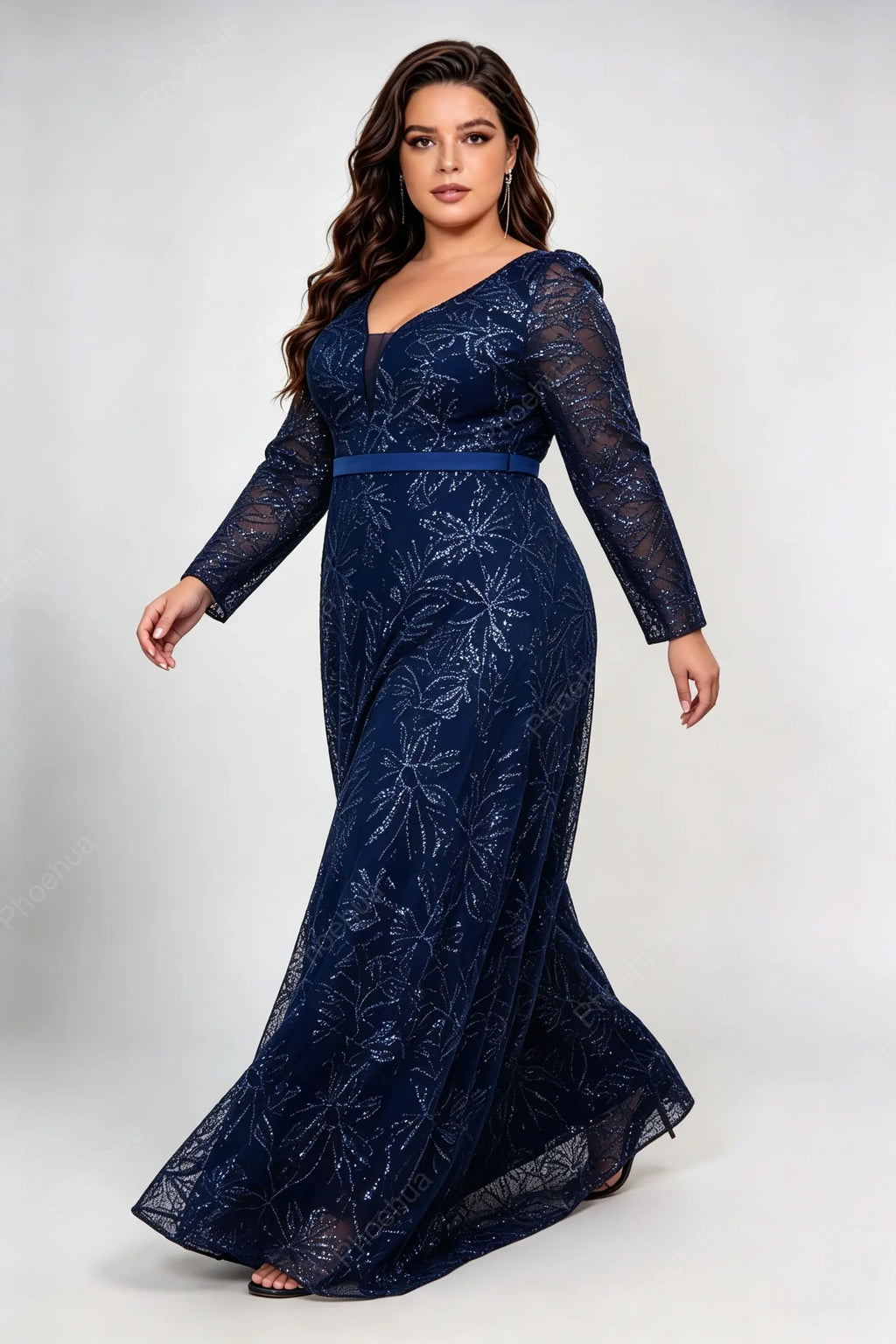 Plus Size Deep V Floral Sequin Mesh Long Sleeve Satin Belt A Line Maxi Evening Party Gown