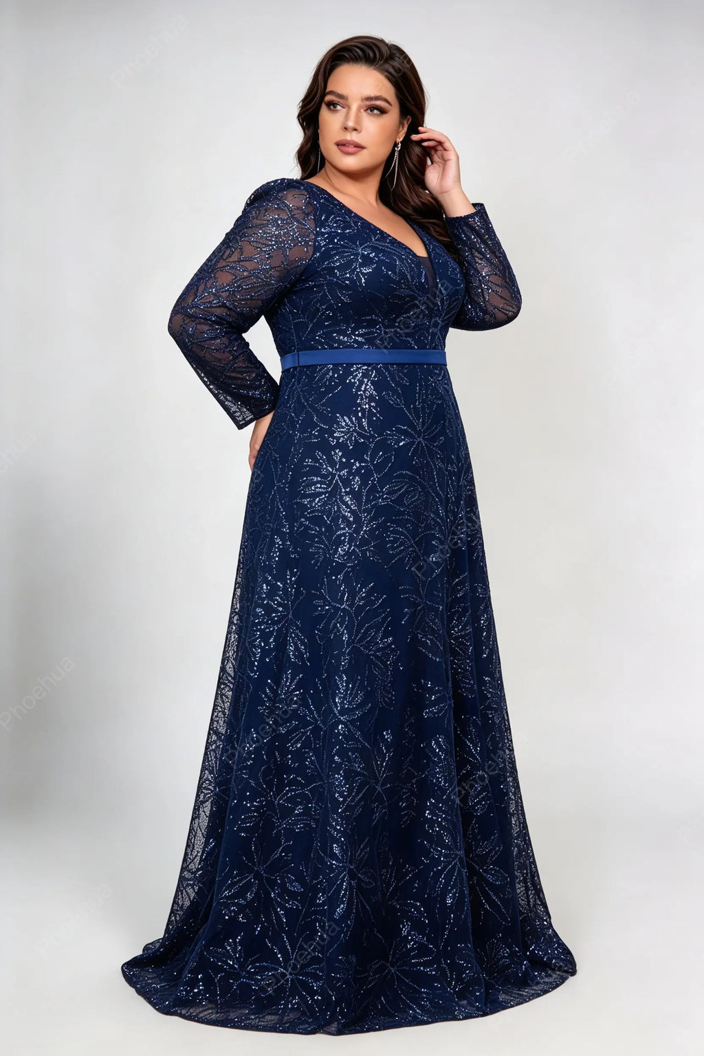 Plus Size Deep V Floral Sequin Mesh Long Sleeve Satin Belt A Line Maxi Evening Party Gown