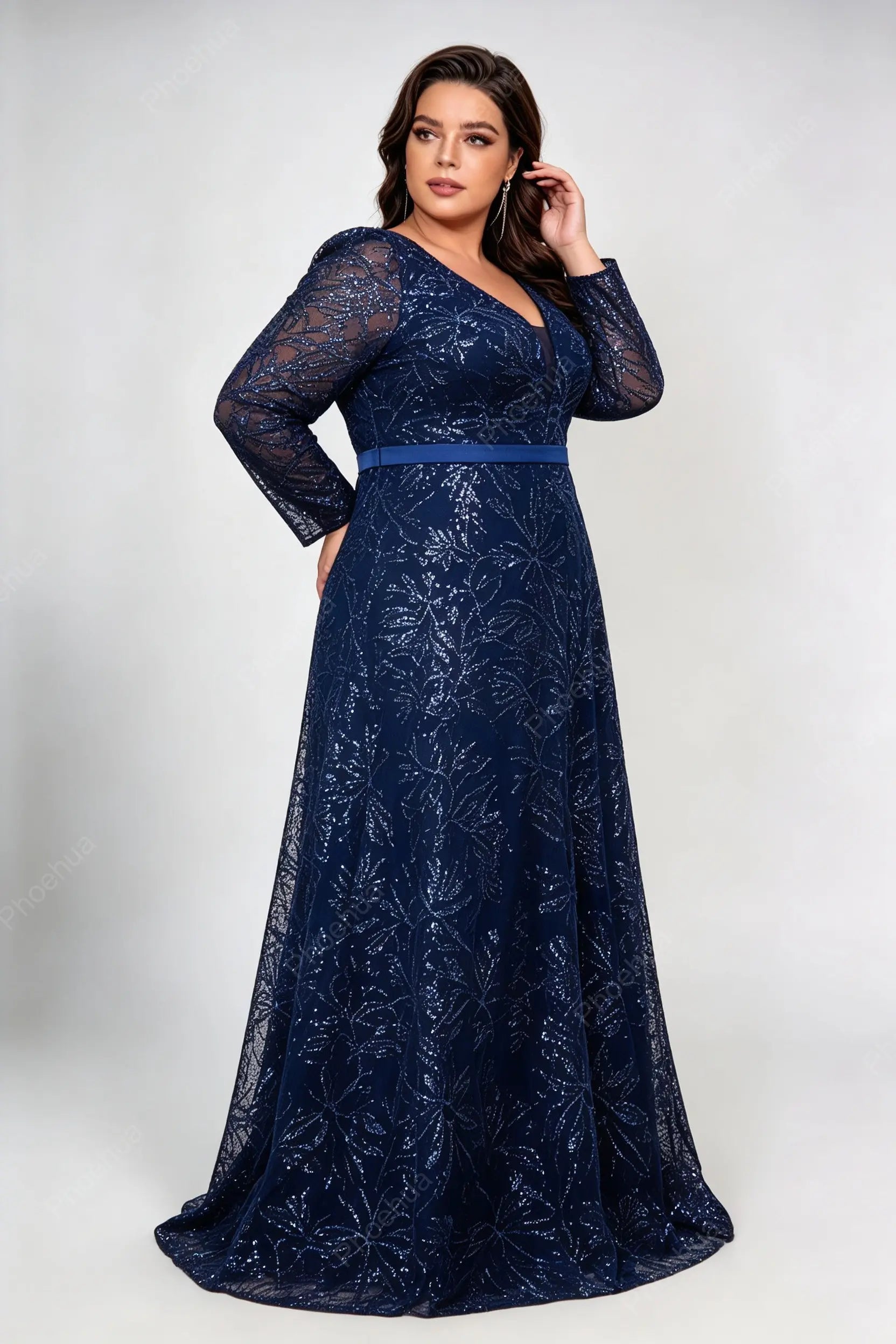 Plus Size Deep V Floral Sequin Mesh Long Sleeve Satin Belt A Line Maxi Evening Party Gown