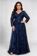 Plus Size Deep V Floral Sequin Mesh Long Sleeve Satin Belt A Line Maxi Evening Party Gown