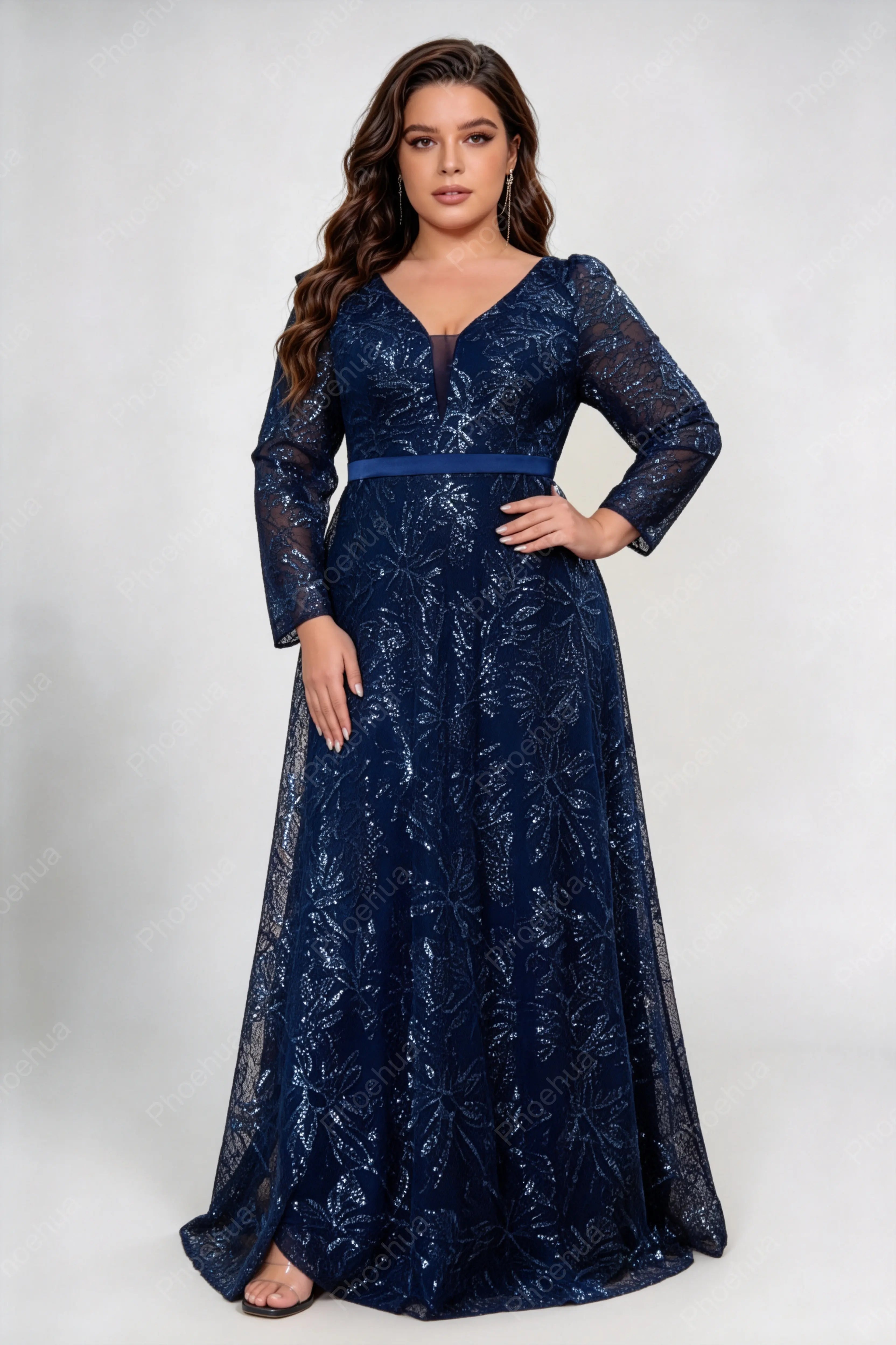 Plus Size Deep V Floral Sequin Mesh Long Sleeve Satin Belt A Line Maxi Evening Party Gown