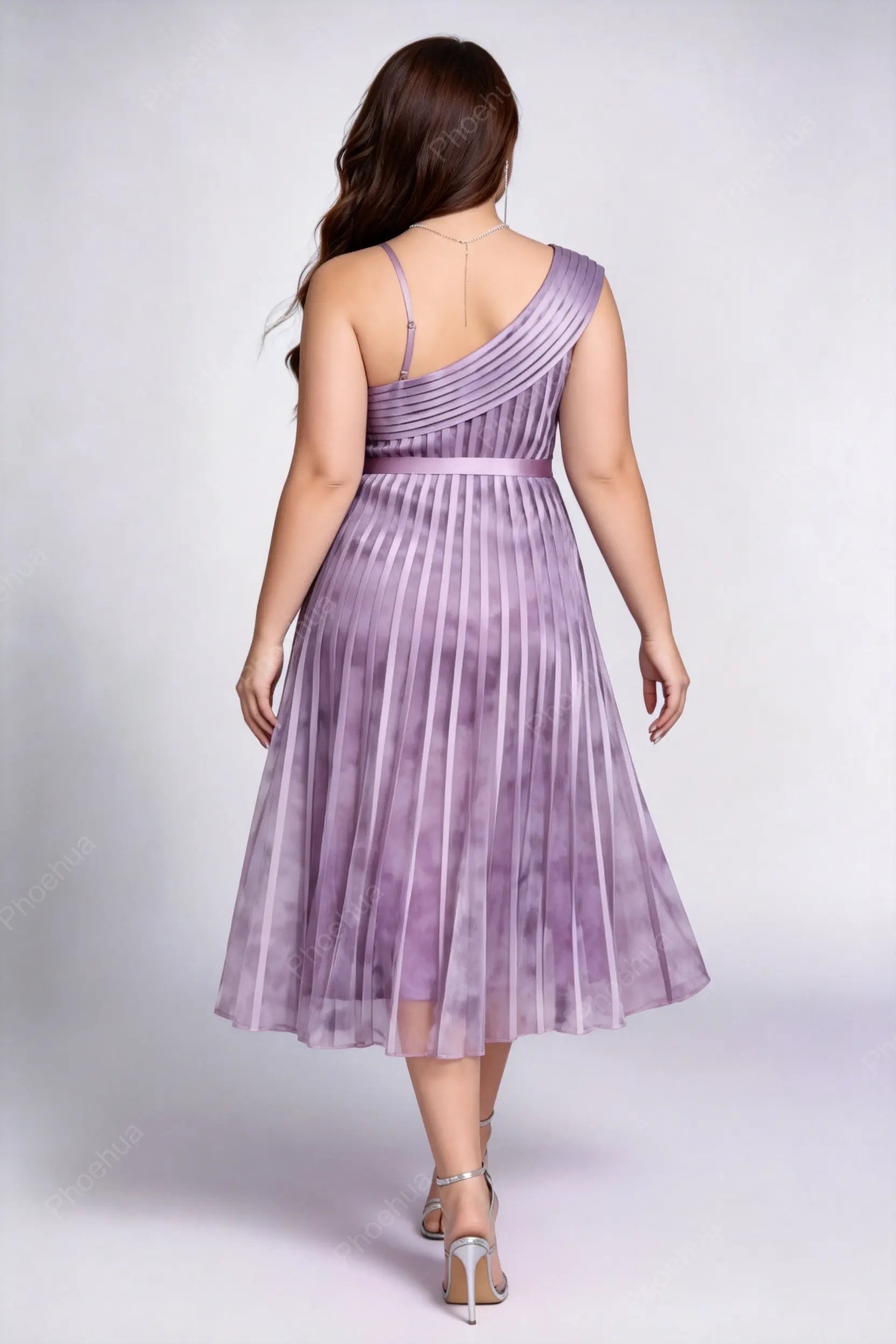 Plus Size One Shoulder Strap Tie Dye Vertical Pleated Chiffon Midi A Line Party Dress