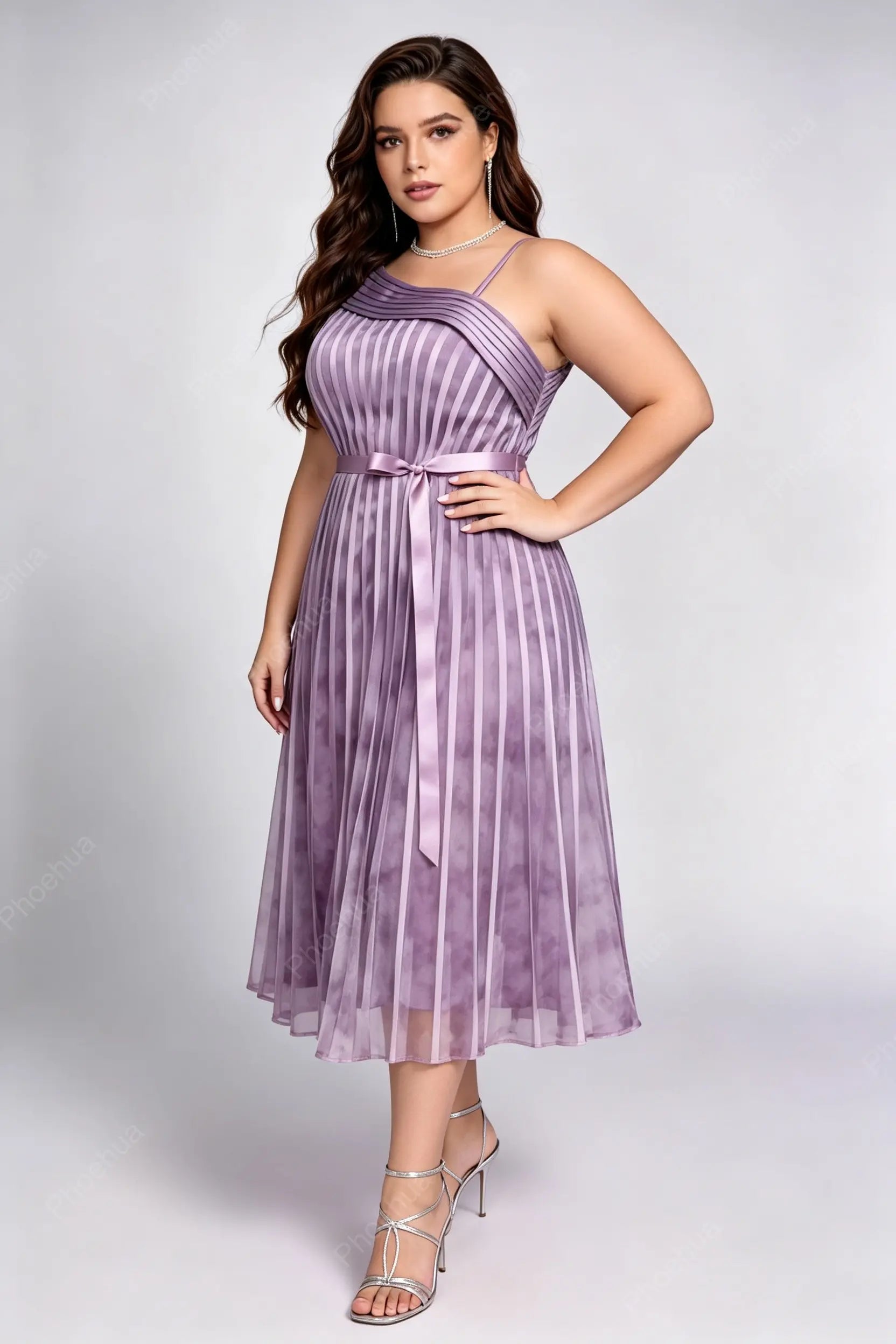 Plus Size One Shoulder Strap Tie Dye Vertical Pleated Chiffon Midi A Line Party Dress