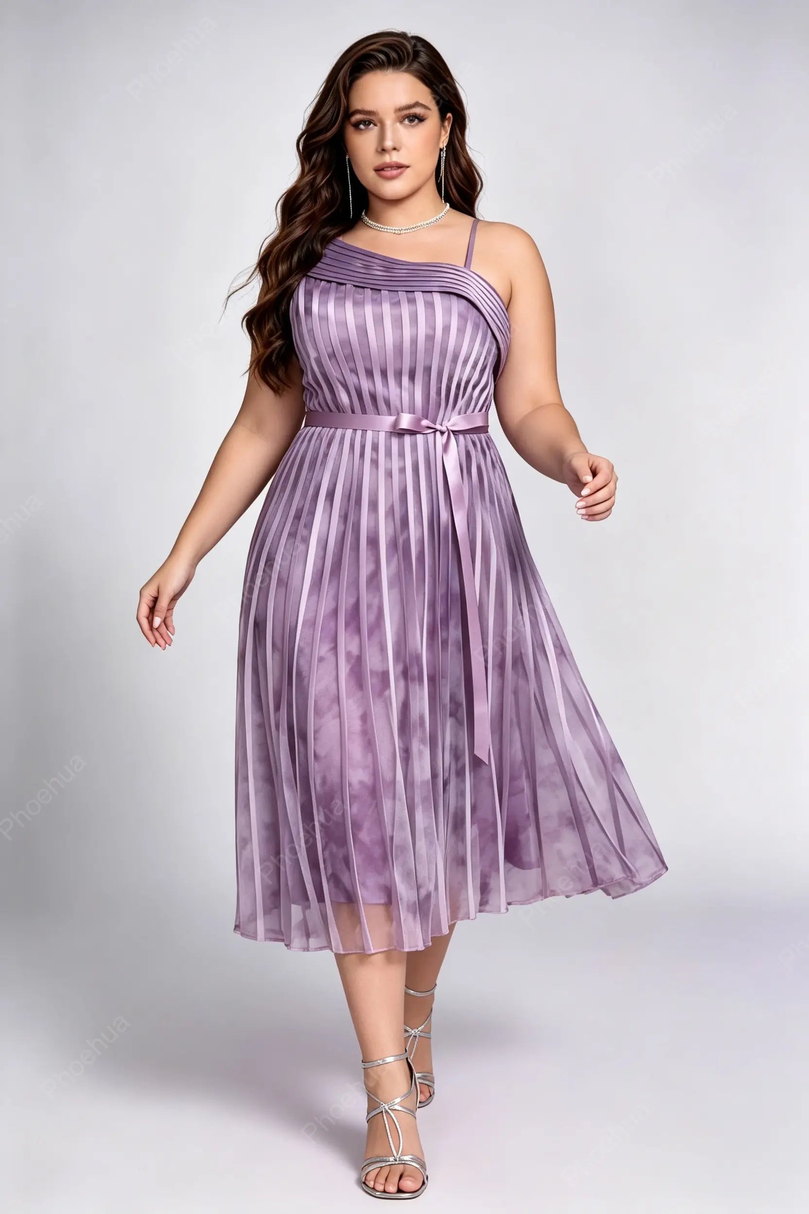 Plus Size One Shoulder Strap Tie Dye Vertical Pleated Chiffon Midi A Line Party Dress