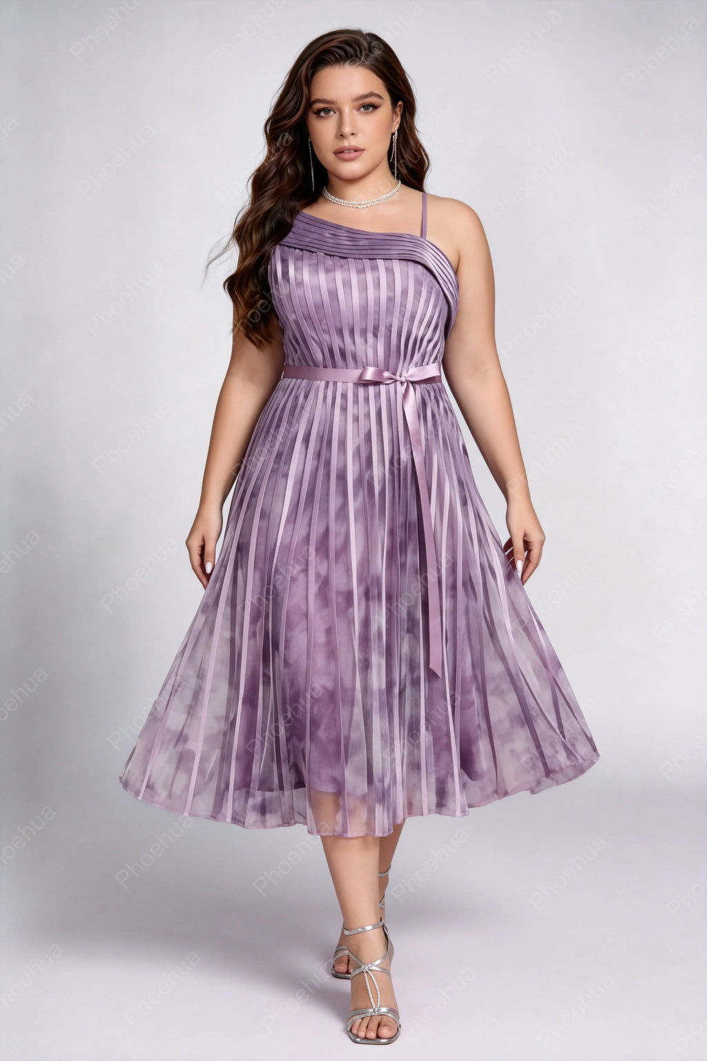 Plus Size One Shoulder Strap Tie Dye Vertical Pleated Chiffon Midi A Line Party Dress