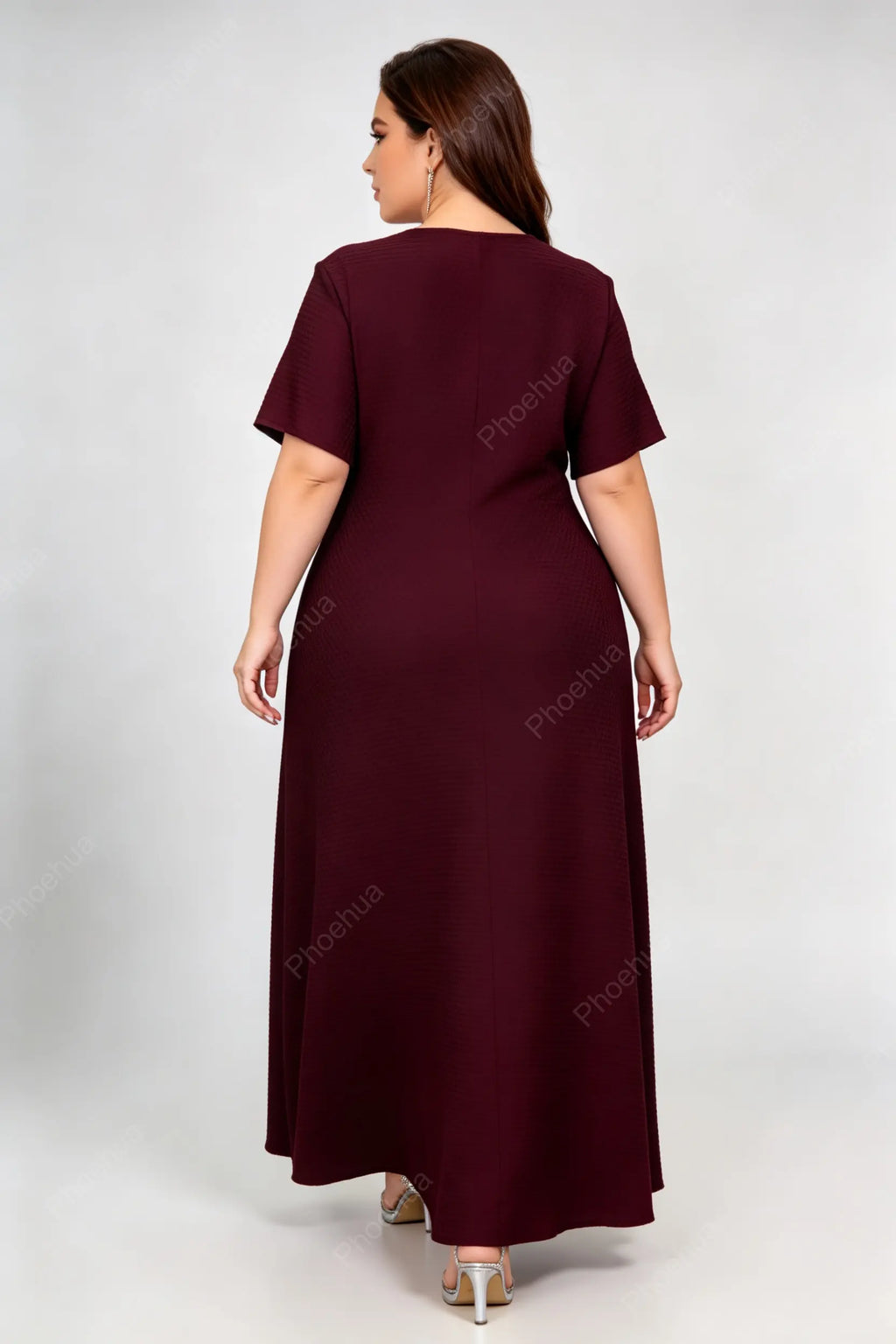 Plus Size White Lace V Neck Short Sleeve Textured Knit Loose Maxi Casual Dress