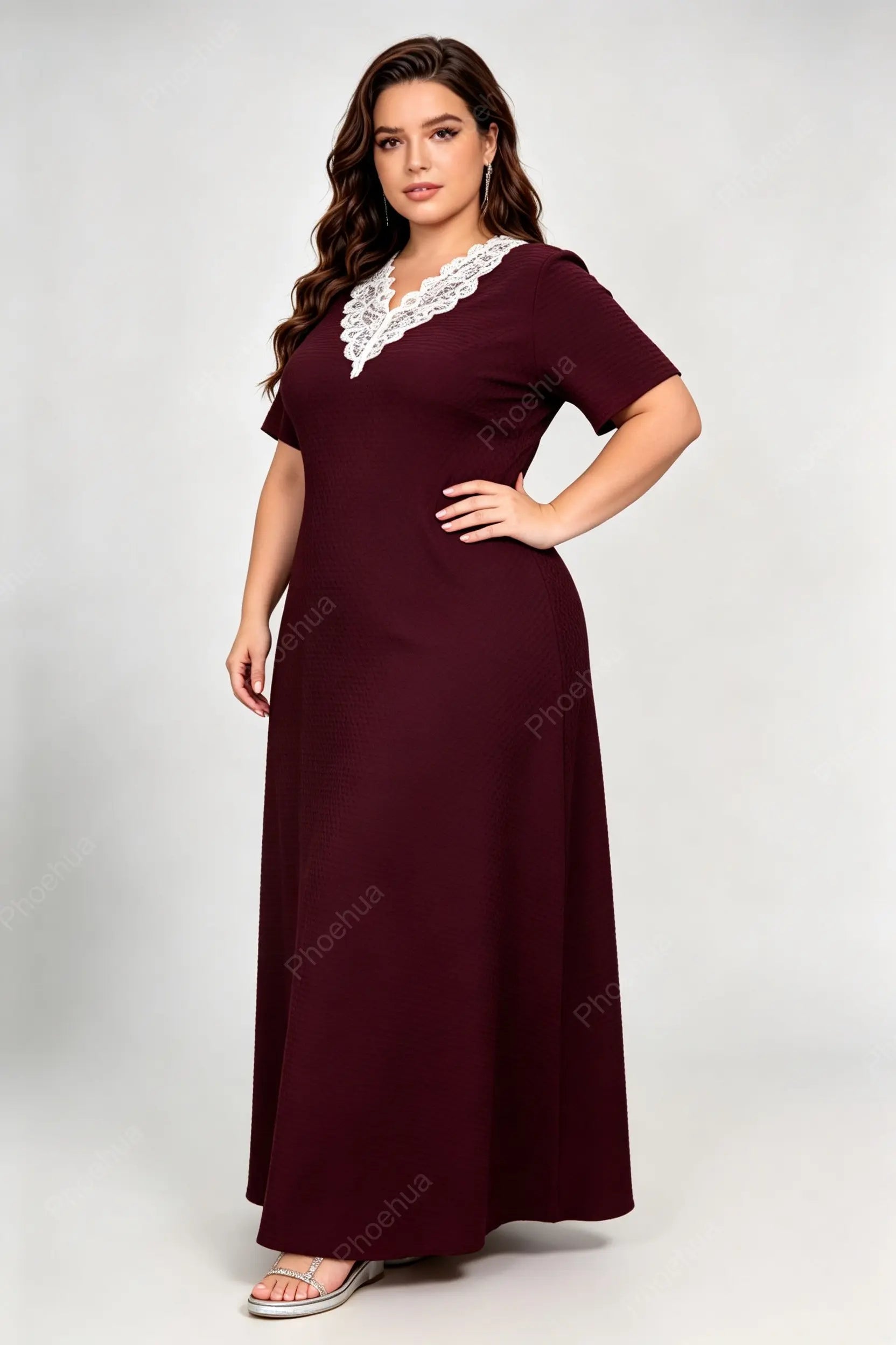 Plus Size White Lace V Neck Short Sleeve Textured Knit Loose Maxi Casual Dress