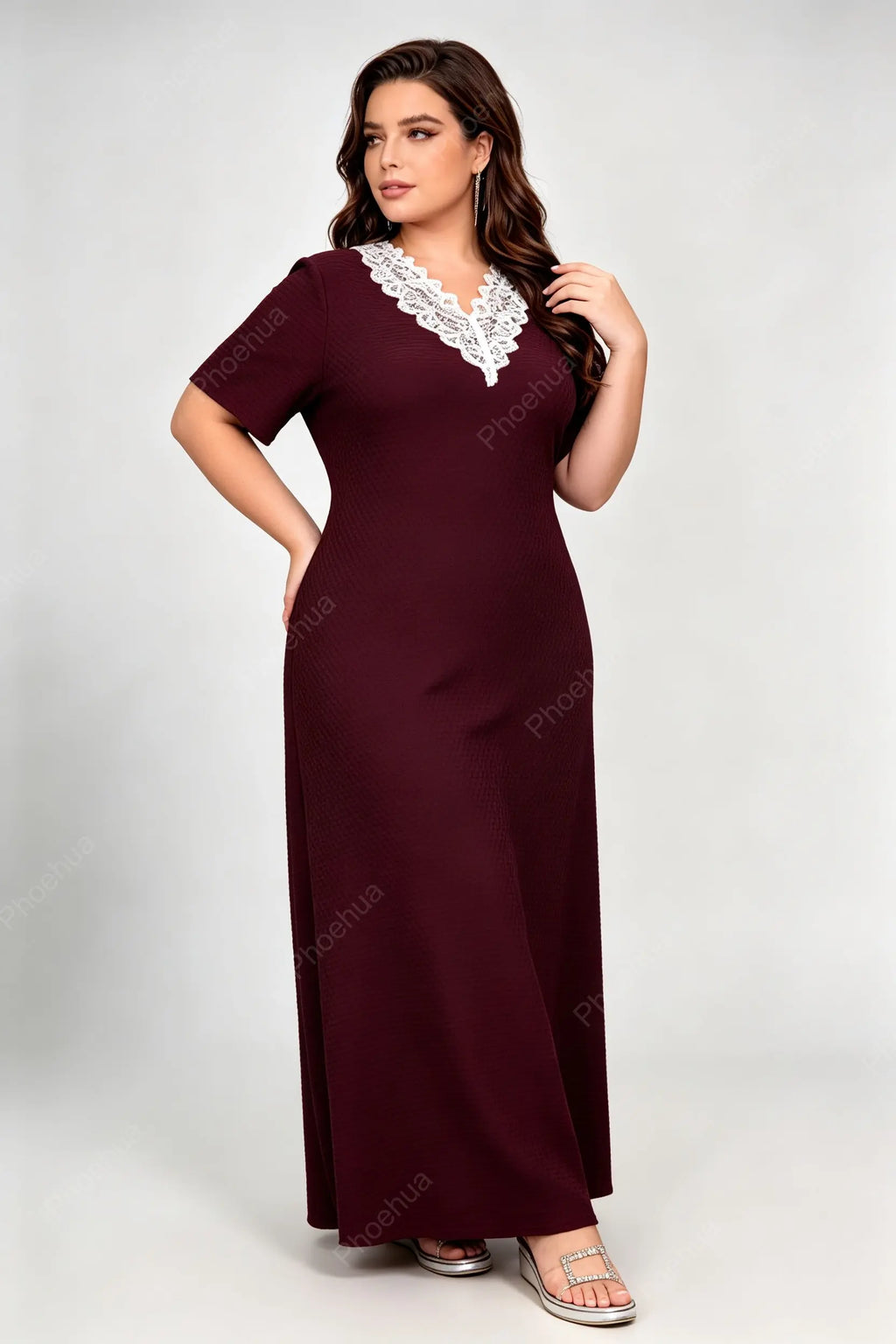 Plus Size White Lace V Neck Short Sleeve Textured Knit Loose Maxi Casual Dress
