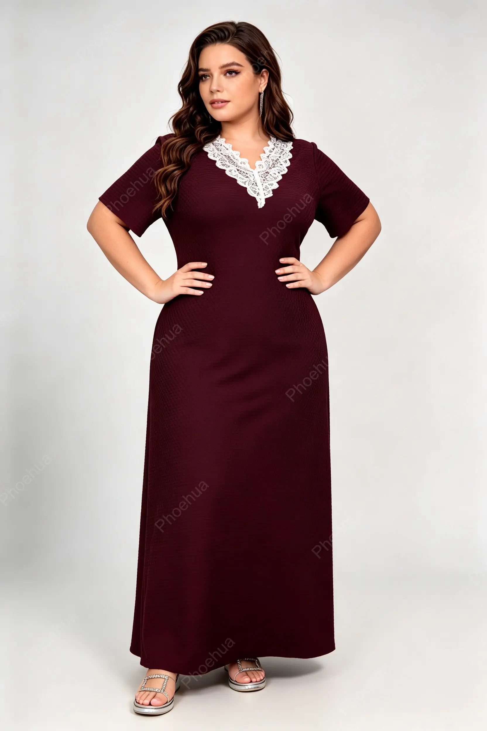 Plus Size White Lace V Neck Short Sleeve Textured Knit Loose Maxi Casual Dress