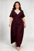 Plus Size White Lace V Neck Short Sleeve Textured Knit Loose Maxi Casual Dress