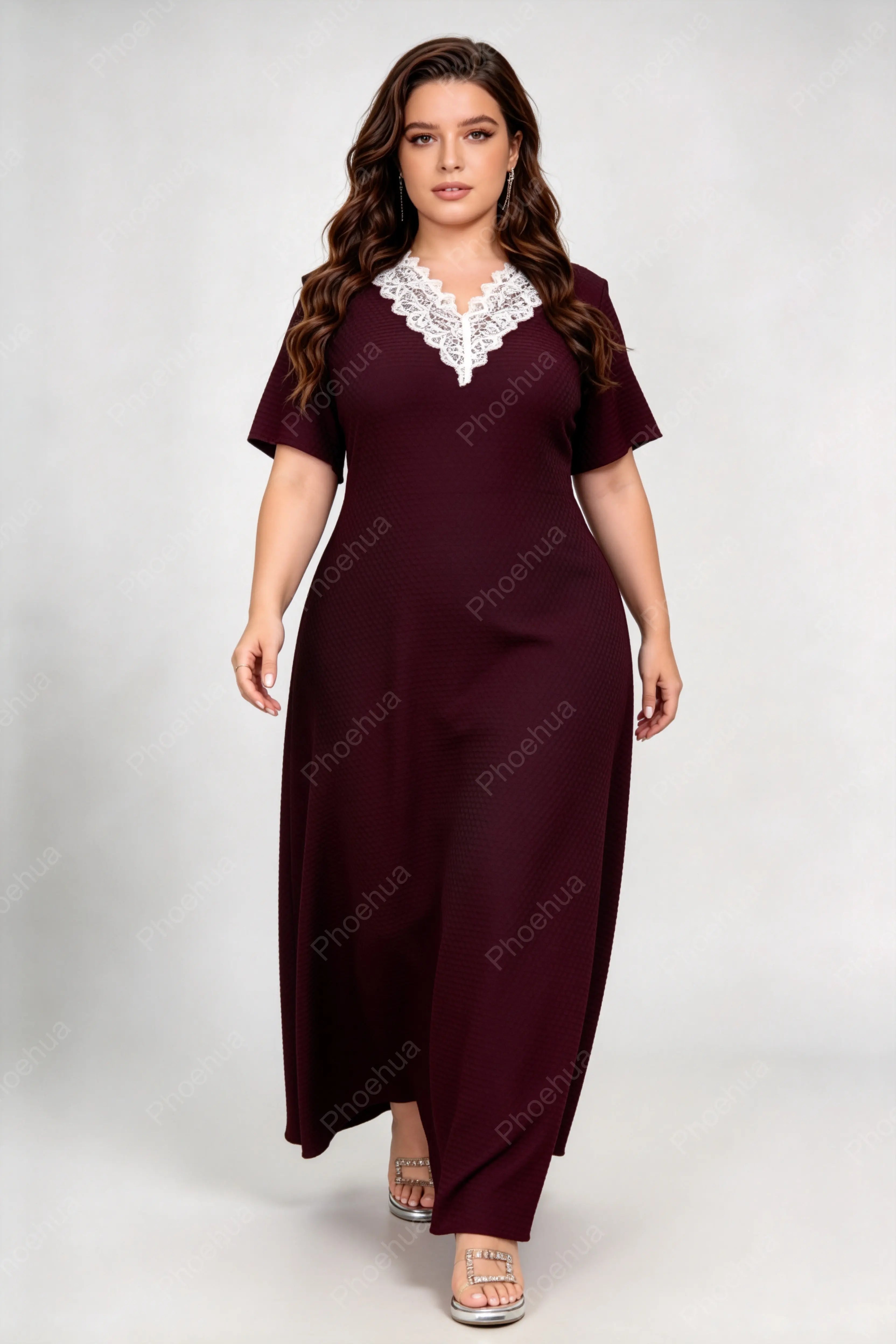 Plus Size White Lace V Neck Short Sleeve Textured Knit Loose Maxi Casual Dress