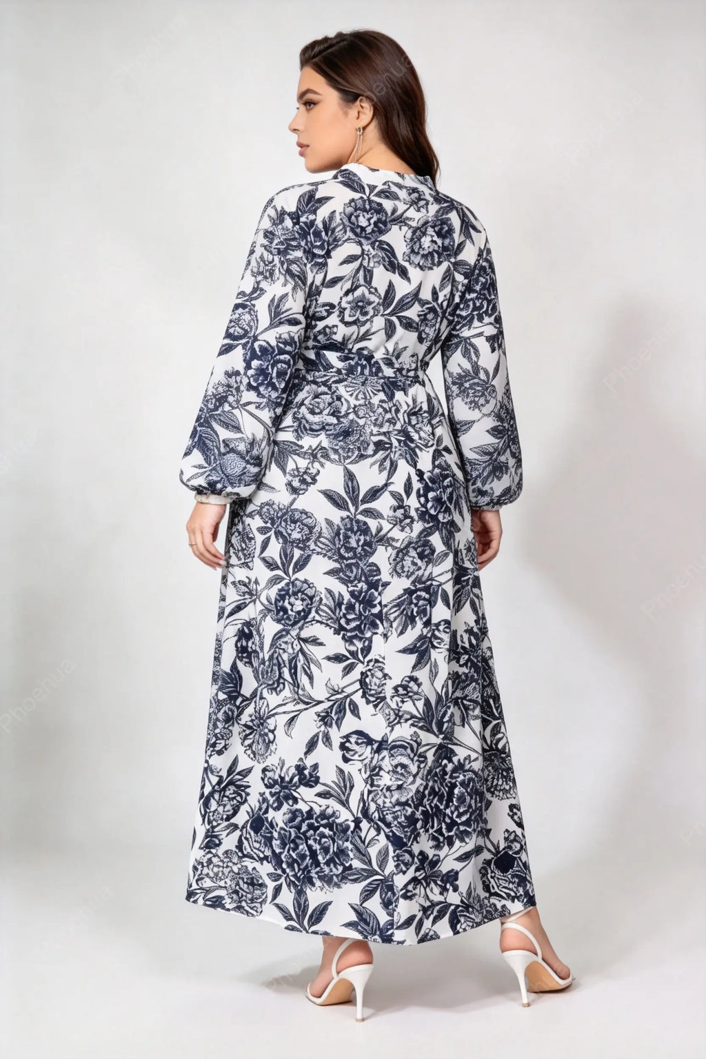 Plus Size V Neck Wrap Waist Tie Blue Floral Print Long Sleeve A Line Maxi Dress