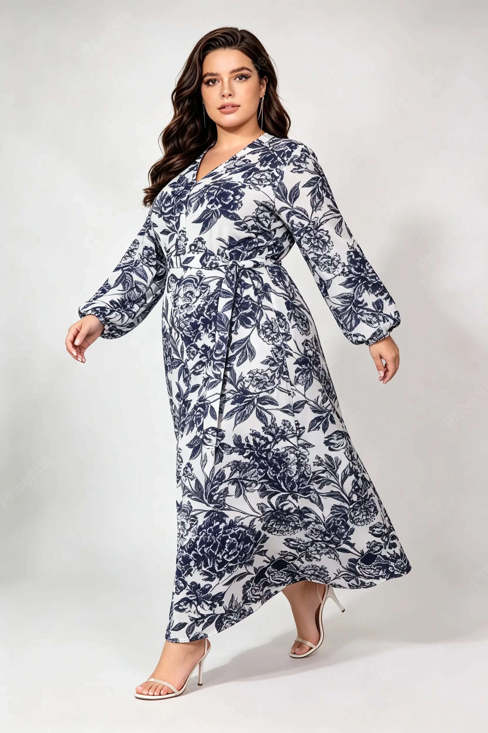 Plus Size V Neck Wrap Waist Tie Blue Floral Print Long Sleeve A Line Maxi Dress
