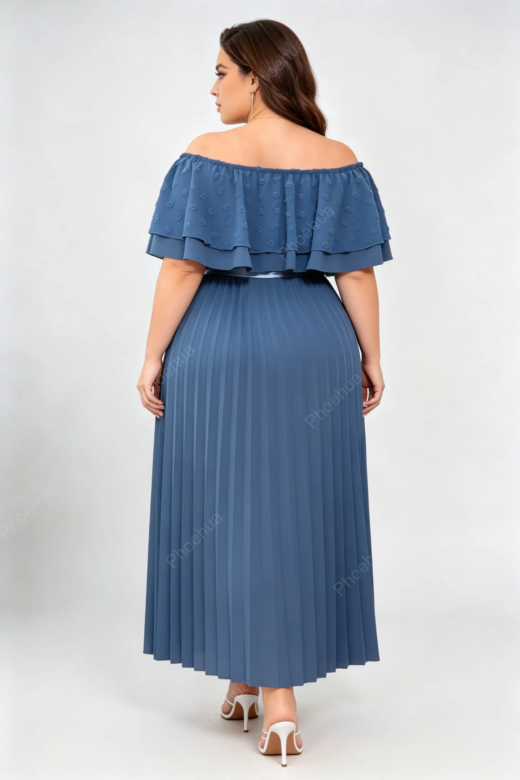 Plus Size Off Shoulder Ruffle Swiss Dot Top Vertical Pleated Midi A Line Dress With Satin Waist Belt
