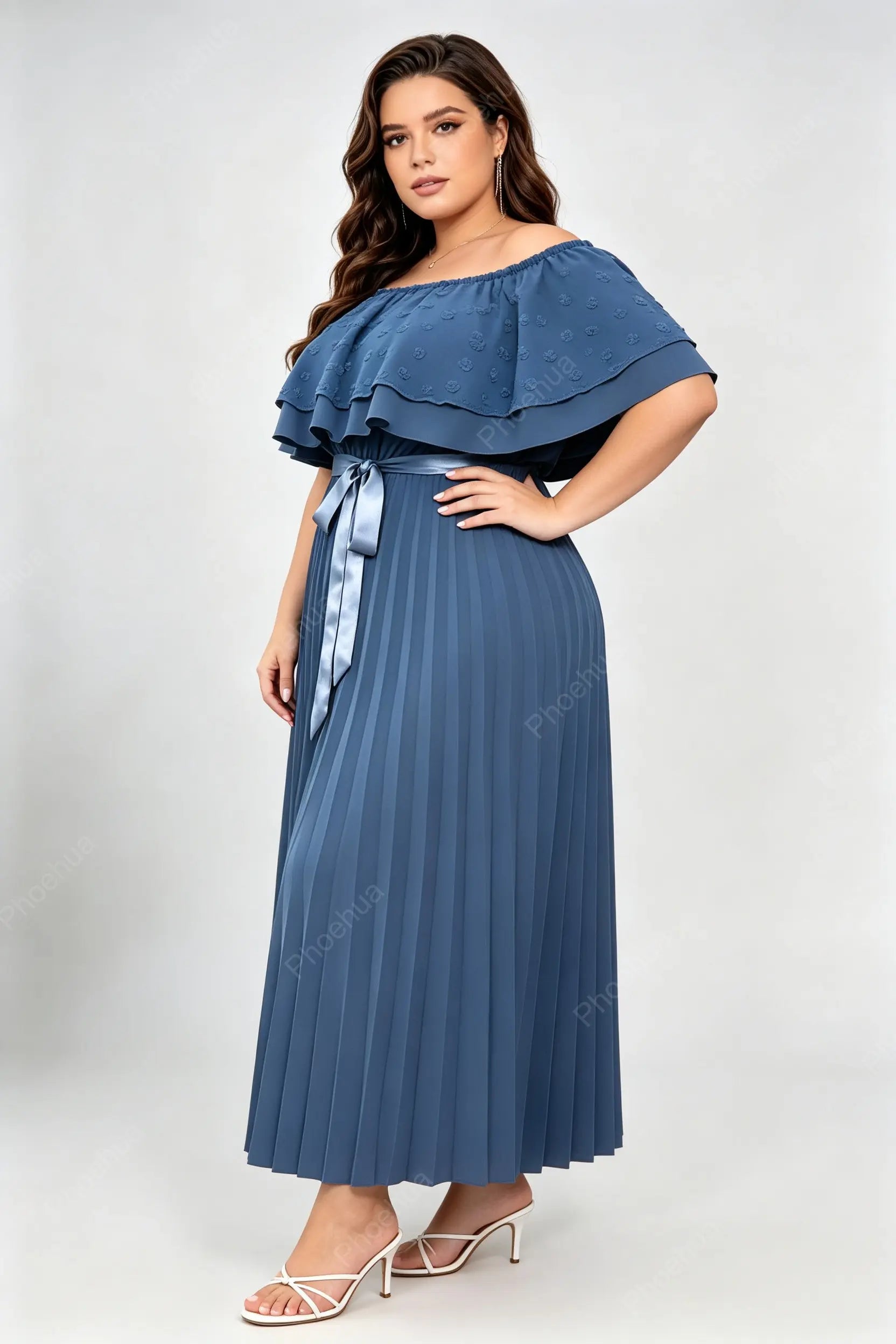 Plus Size Off Shoulder Ruffle Swiss Dot Top Vertical Pleated Midi A Line Dress With Satin Waist Belt