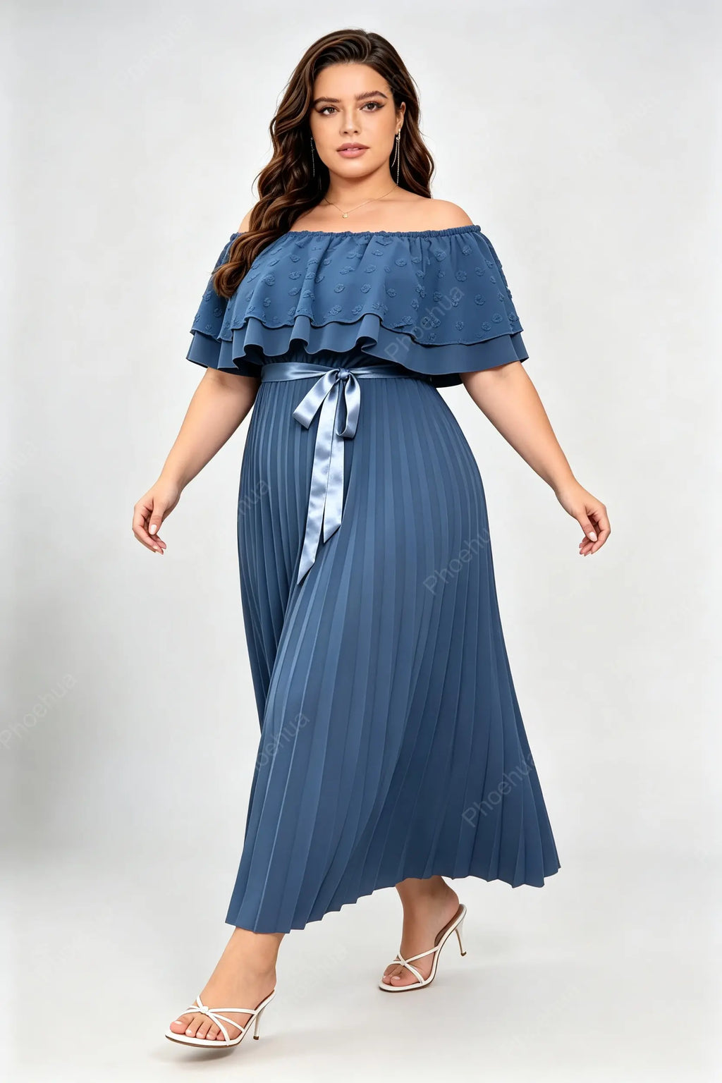 Plus Size Off Shoulder Ruffle Swiss Dot Top Vertical Pleated Midi A Line Dress With Satin Waist Belt