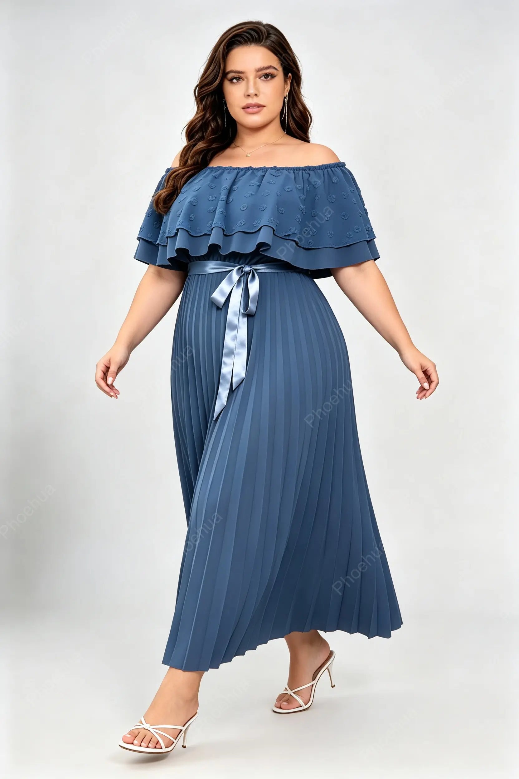 Plus Size Off Shoulder Ruffle Swiss Dot Top Vertical Pleated Midi A Line Dress With Satin Waist Belt