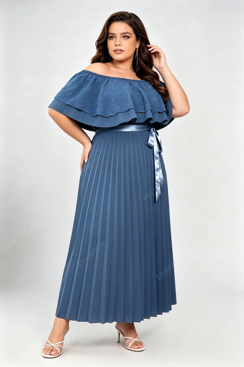 Plus Size Off Shoulder Ruffle Swiss Dot Top Vertical Pleated Midi A Line Dress With Satin Waist Belt