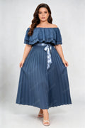 Plus Size Off Shoulder Ruffle Swiss Dot Top Vertical Pleated Midi A Line Dress With Satin Waist Belt