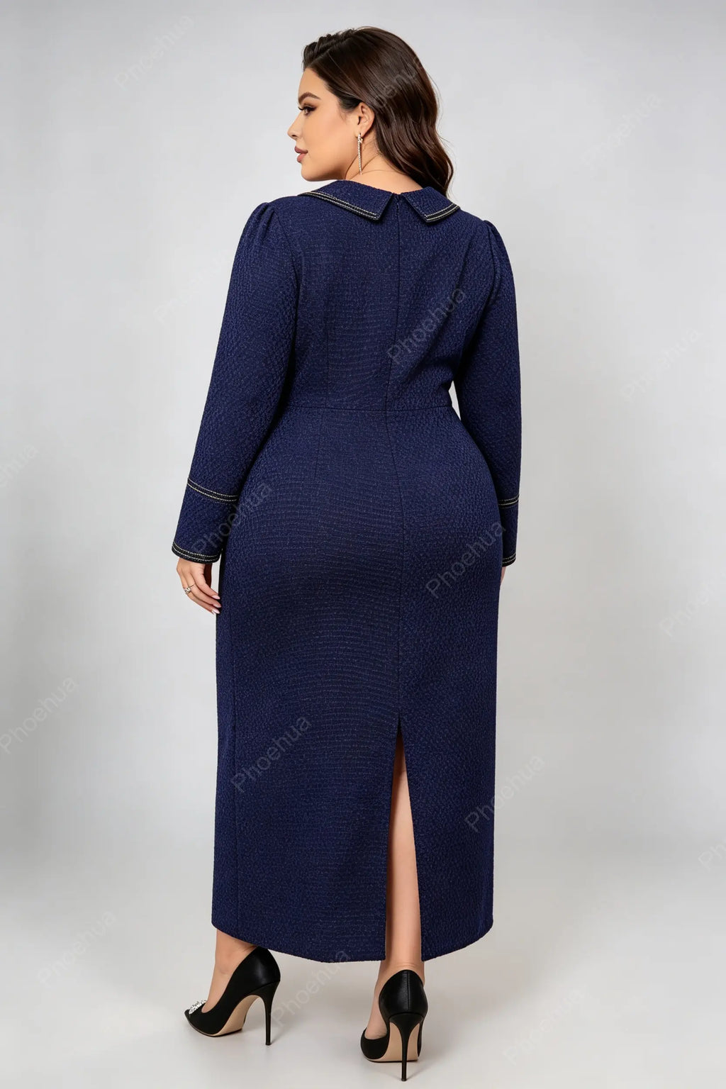 Plus Size Lapel Double Breasted Contrast Stitch Textured Knit Pencil Midi Dress