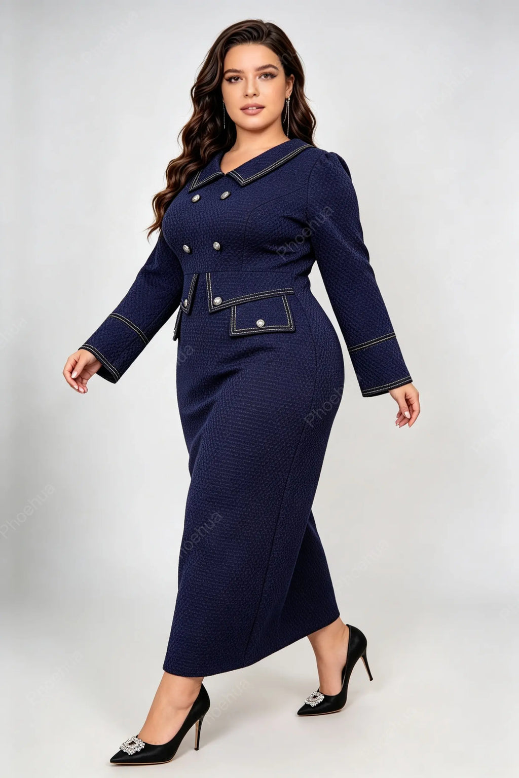 Plus Size Lapel Double Breasted Contrast Stitch Textured Knit Pencil Midi Dress