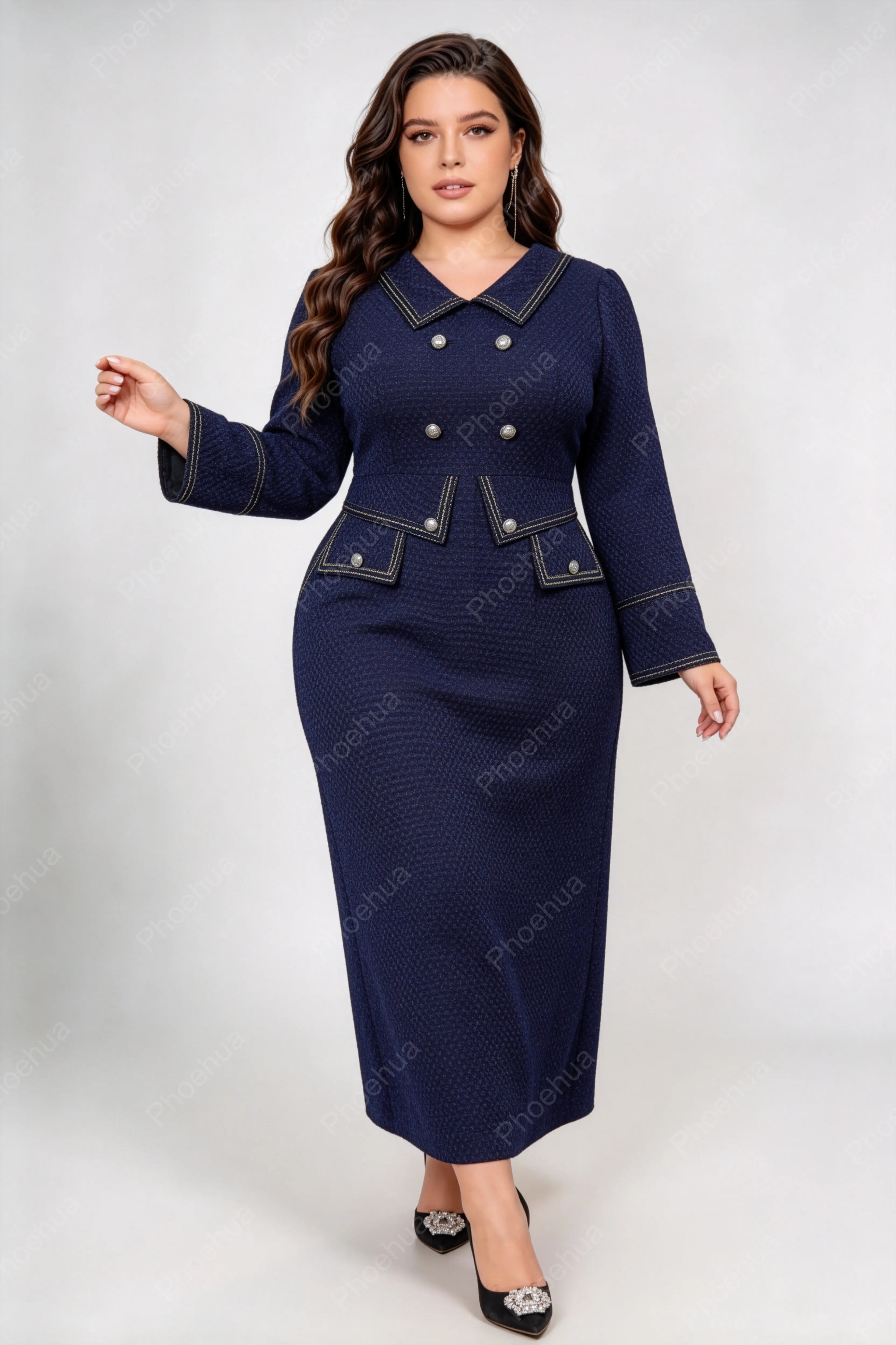 Plus Size Lapel Double Breasted Contrast Stitch Textured Knit Pencil Midi Dress
