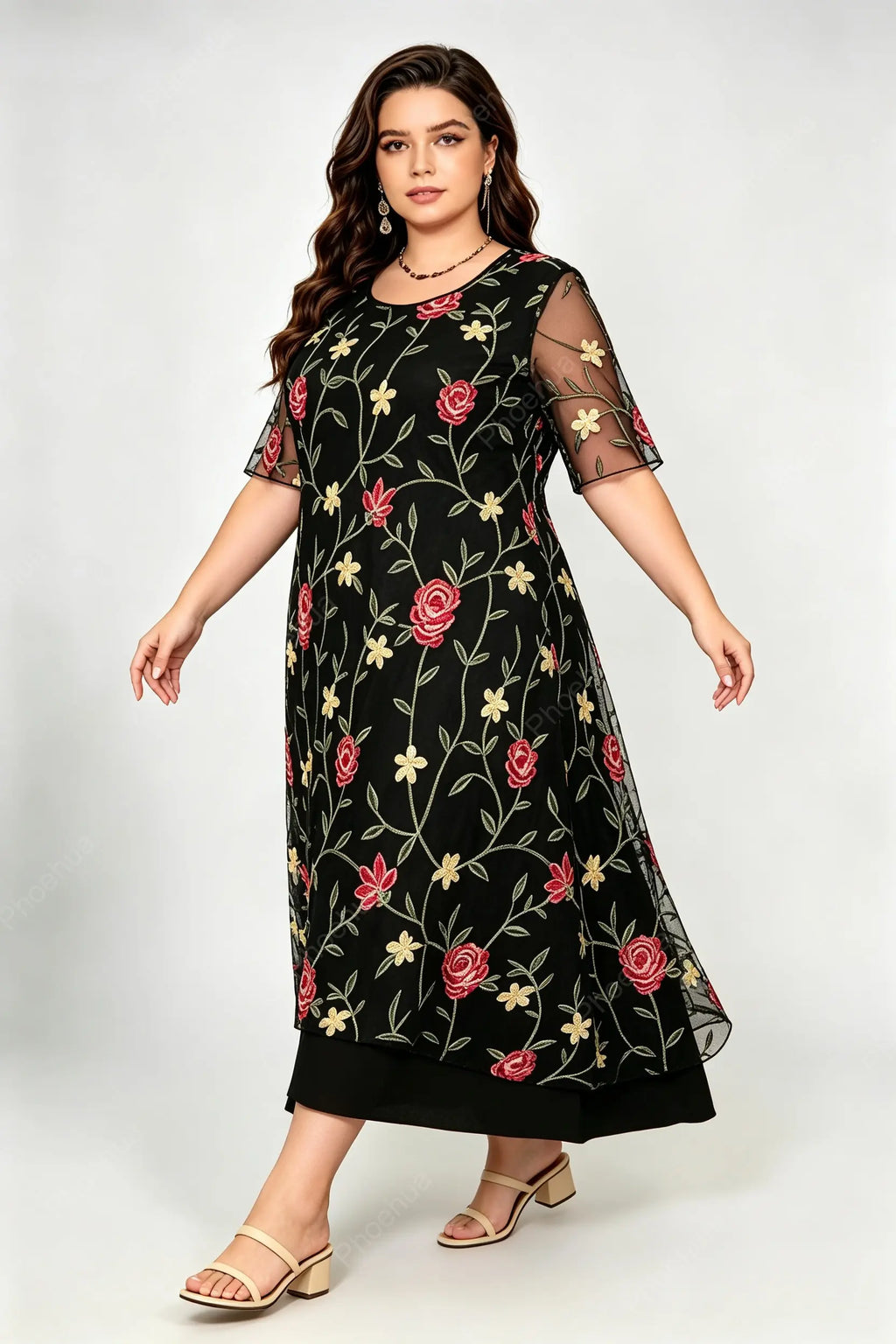 Plus Size Round Neck Sheer Mesh Floral Embroidery Short Sleeve Two Layer Loose Maxi Dress