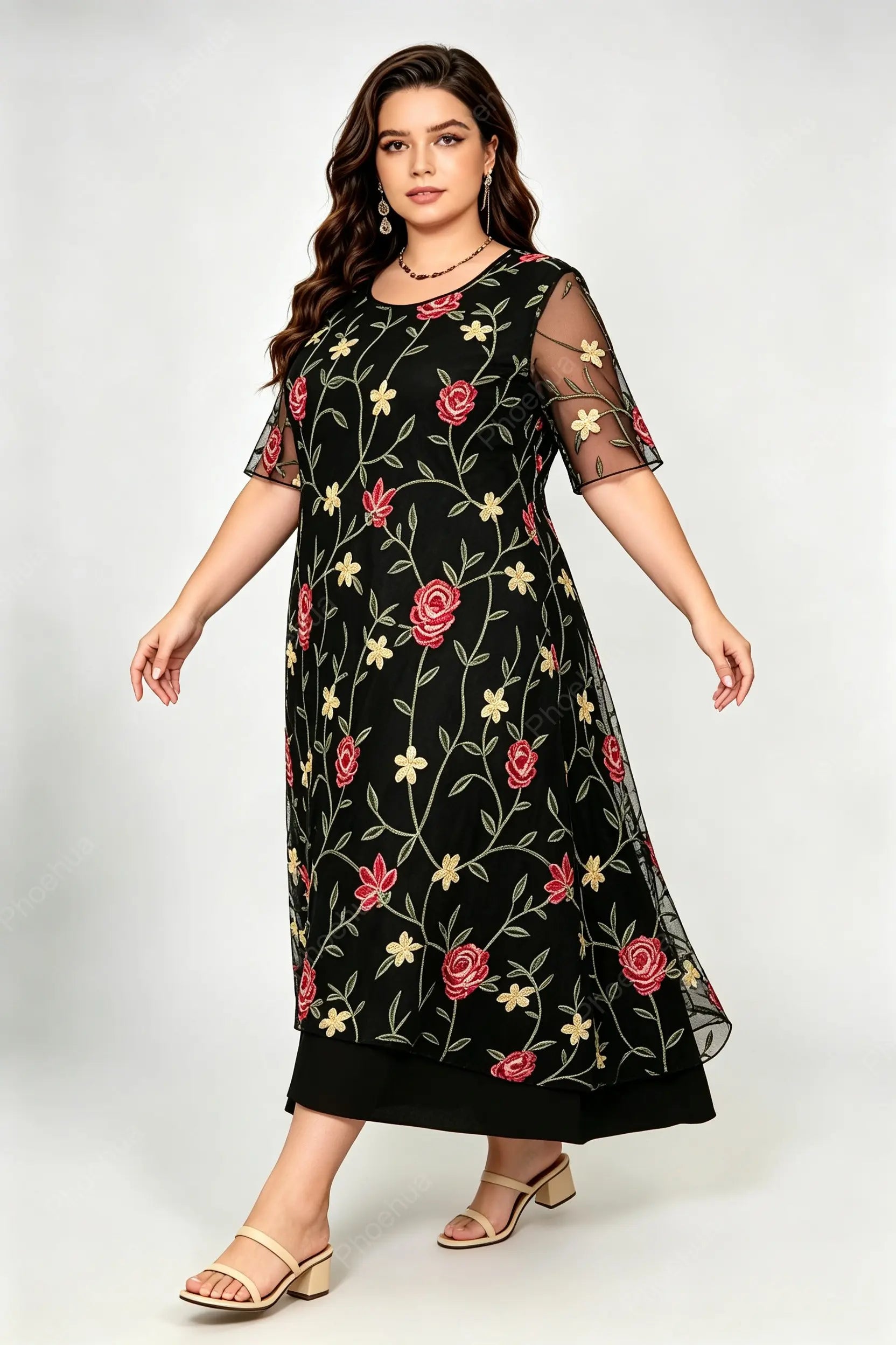Plus Size Round Neck Sheer Mesh Floral Embroidery Short Sleeve Two Layer Loose Maxi Dress