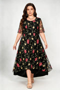 Plus Size Round Neck Sheer Mesh Floral Embroidery Short Sleeve Two Layer Loose Maxi Dress