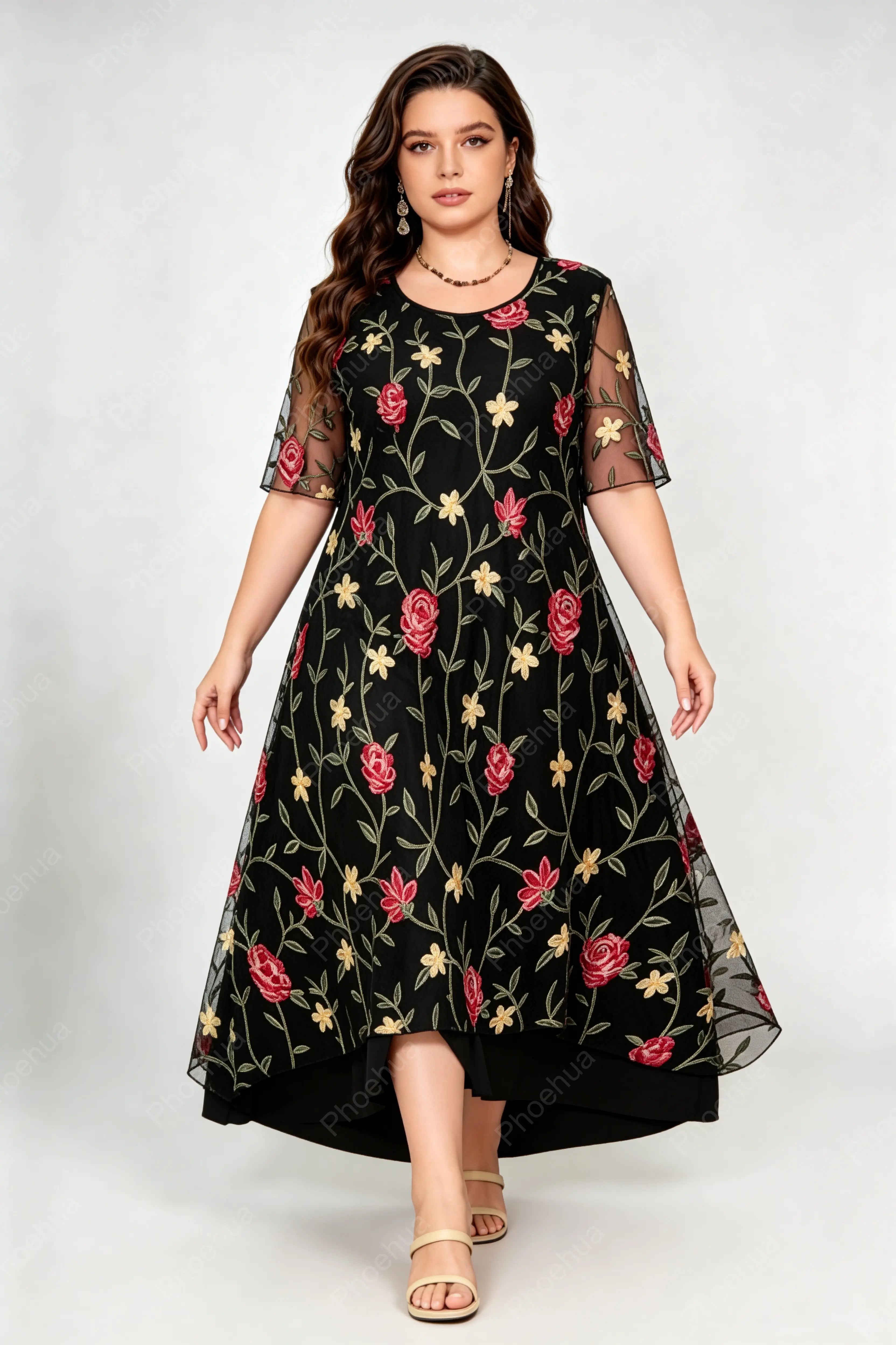 Plus Size Round Neck Sheer Mesh Floral Embroidery Short Sleeve Two Layer Loose Maxi Dress