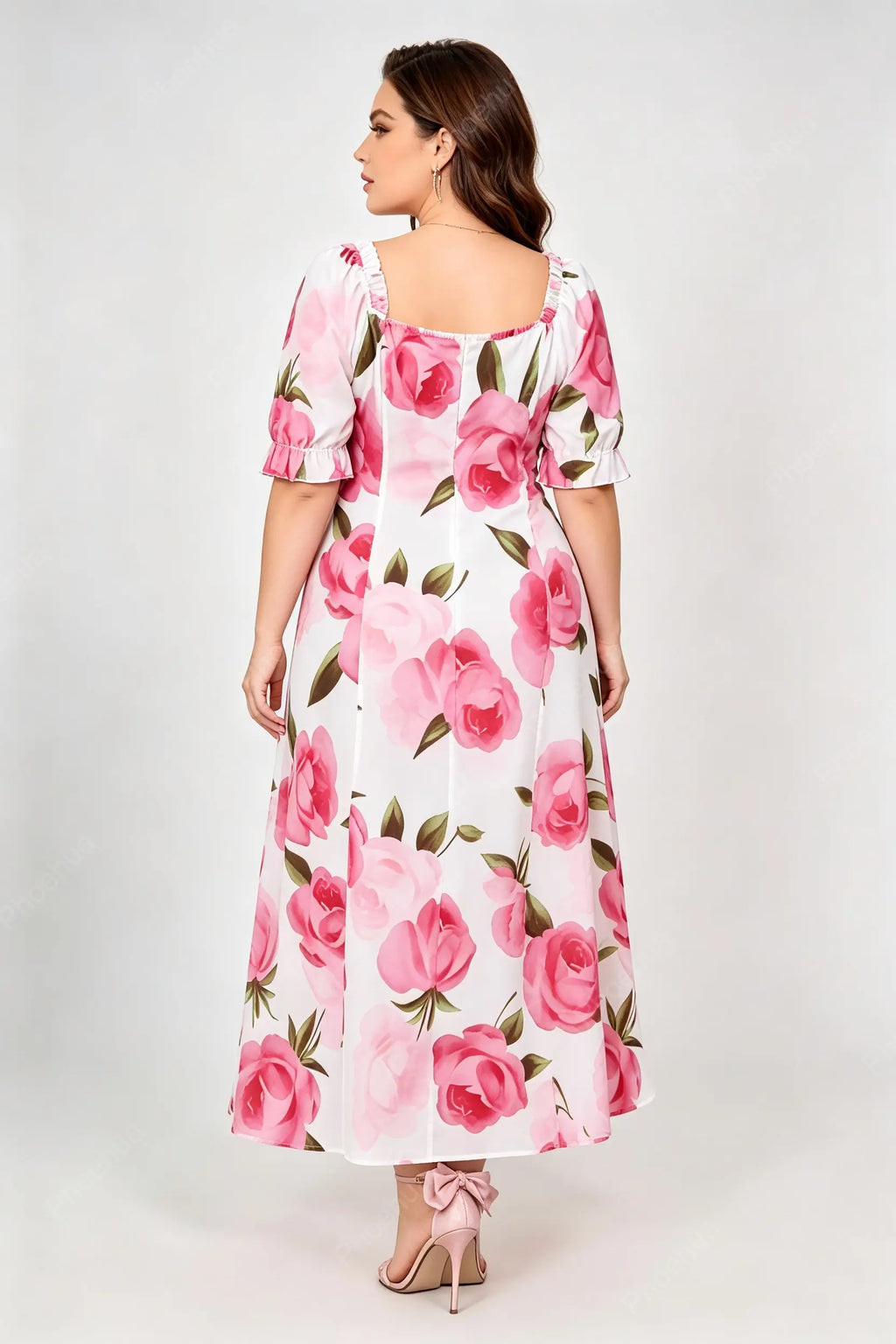 Plus Size Square Neck Puff Ruffle Short Sleeve Pink Rose Print Fitted A Line Midi Dress
