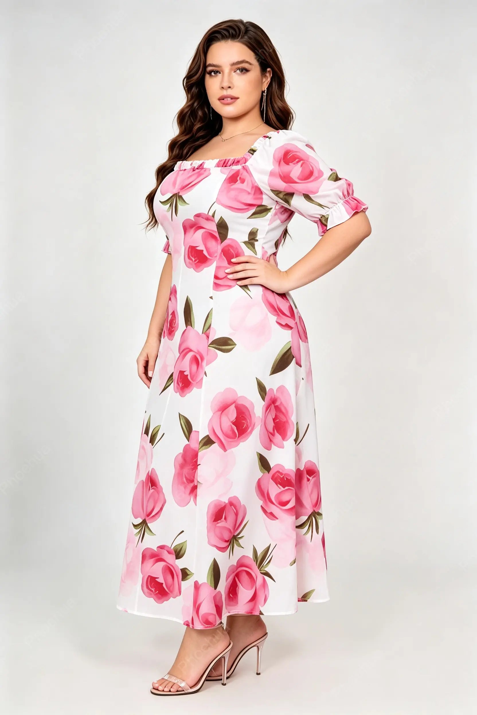 Plus Size Square Neck Puff Ruffle Short Sleeve Pink Rose Print Fitted A Line Midi Dress
