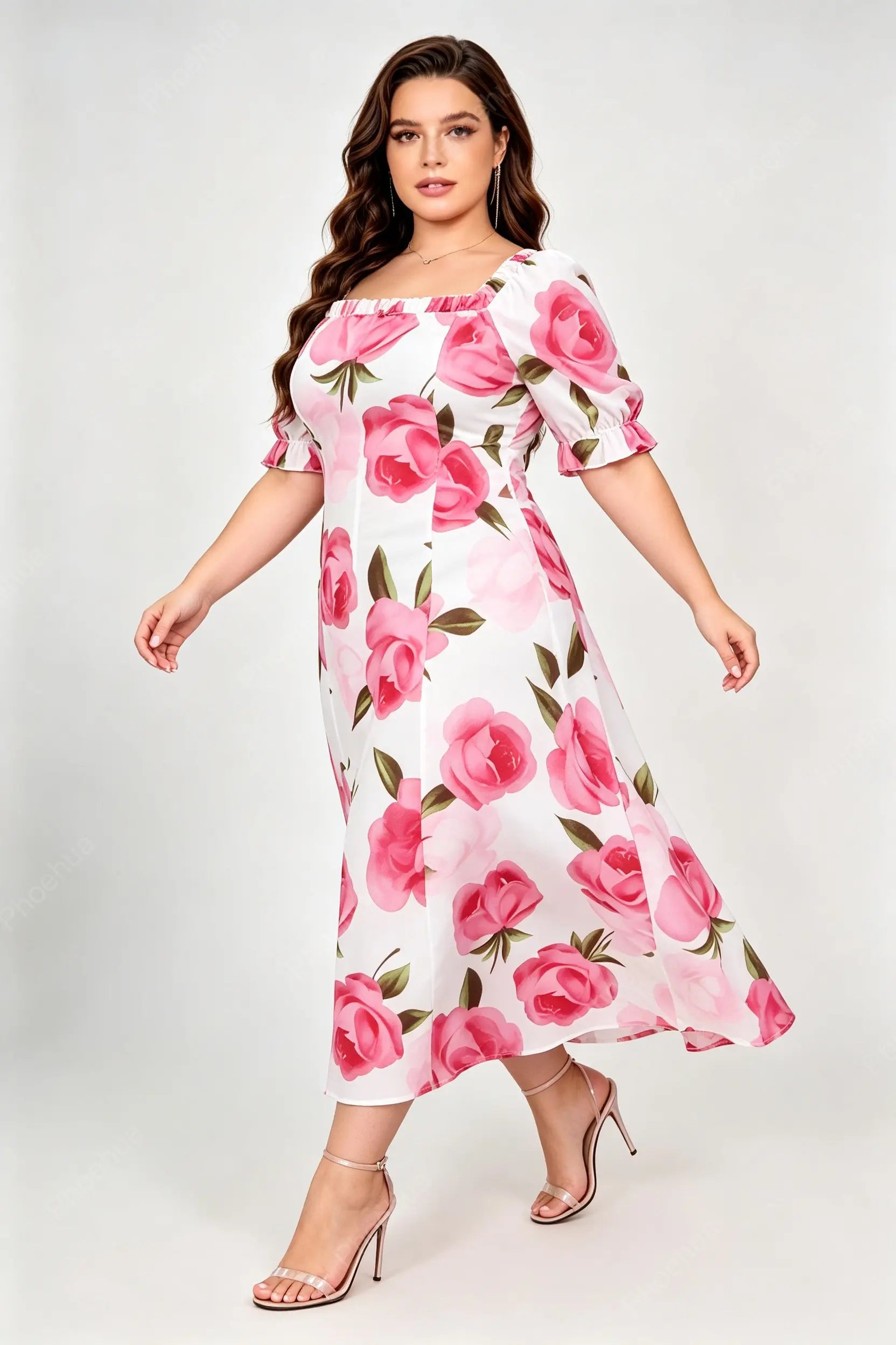 Plus Size Square Neck Puff Ruffle Short Sleeve Pink Rose Print Fitted A Line Midi Dress