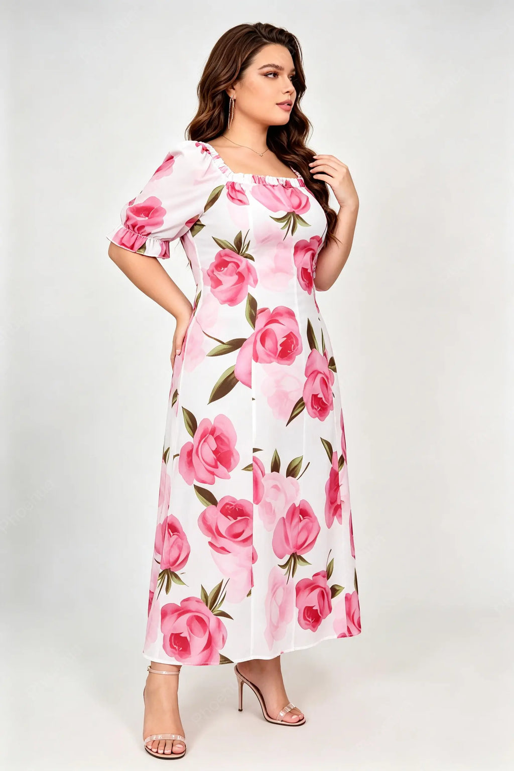 Plus Size Square Neck Puff Ruffle Short Sleeve Pink Rose Print Fitted A Line Midi Dress