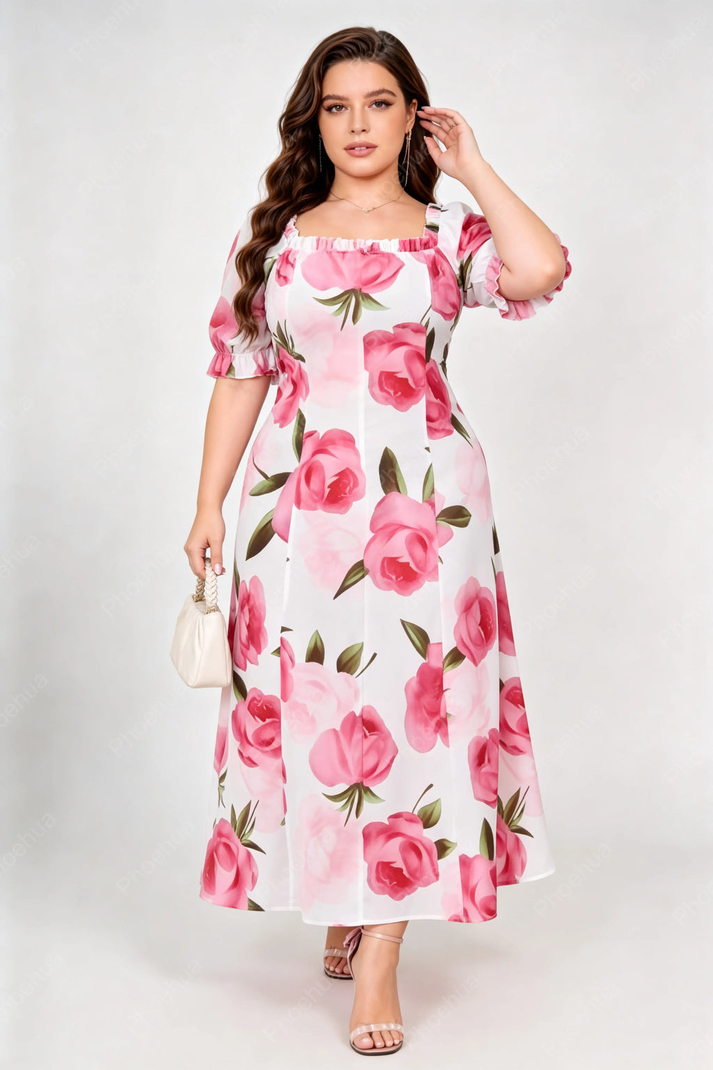 Plus Size Square Neck Puff Ruffle Short Sleeve Pink Rose Print Fitted A Line Midi Dress