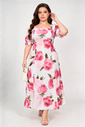 Plus Size Square Neck Puff Ruffle Short Sleeve Pink Rose Print Fitted A Line Midi Dress