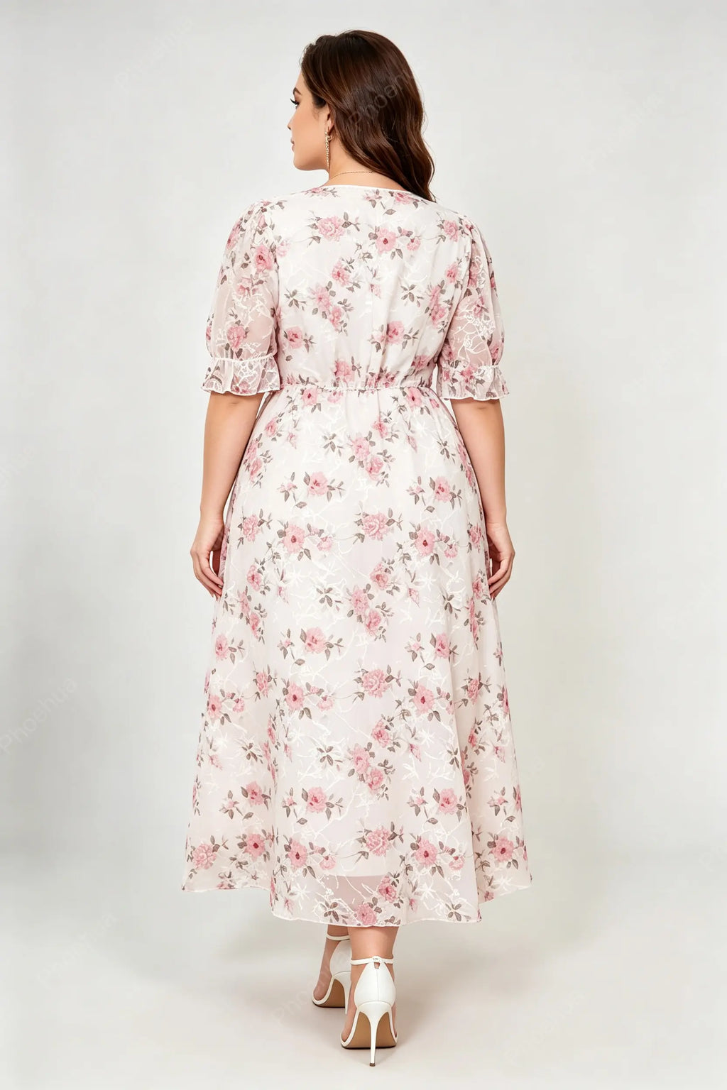 Plus Size V Neck Puff Ruffle Sleeve Pink Floral Embroidery Mesh Empire Waist A Line Maxi Dress