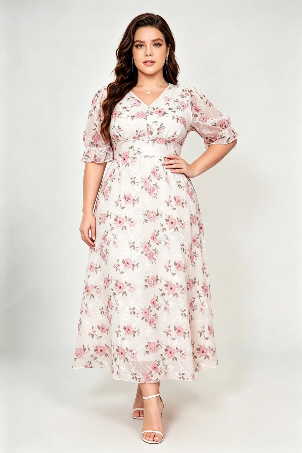 Plus Size V Neck Puff Ruffle Sleeve Pink Floral Embroidery Mesh Empire Waist A Line Maxi Dress