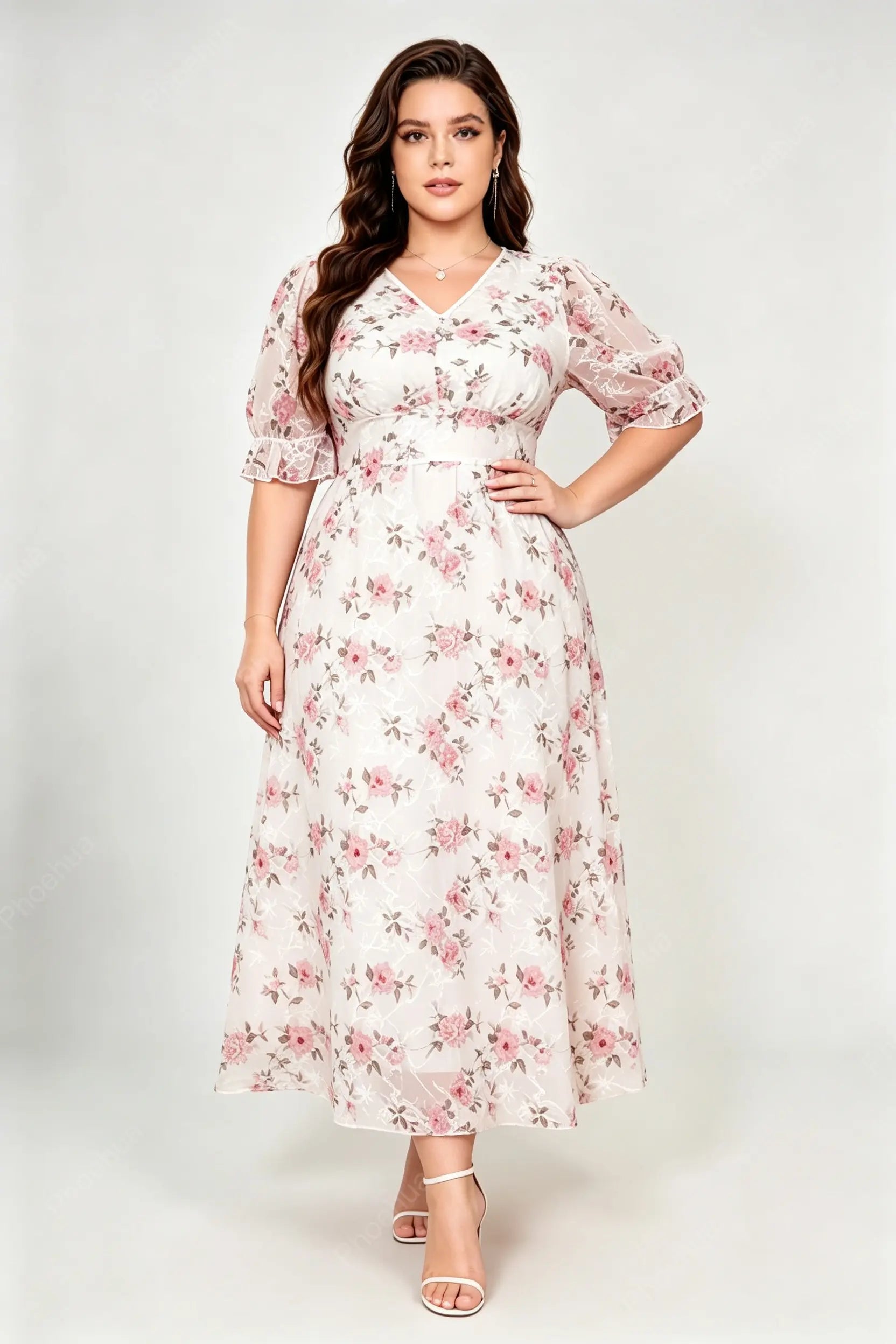 Plus Size V Neck Puff Ruffle Sleeve Pink Floral Embroidery Mesh Empire Waist A Line Maxi Dress