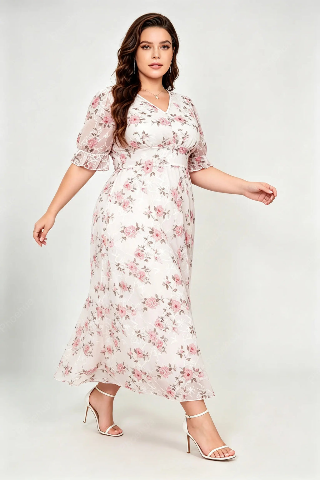 Plus Size V Neck Puff Ruffle Sleeve Pink Floral Embroidery Mesh Empire Waist A Line Maxi Dress