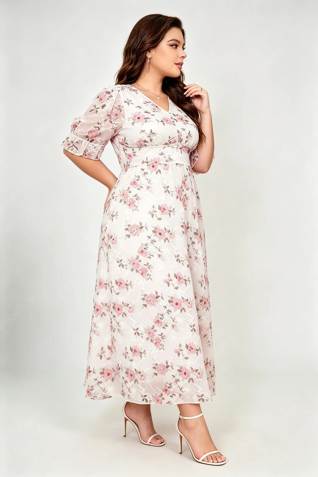 Plus Size V Neck Puff Ruffle Sleeve Pink Floral Embroidery Mesh Empire Waist A Line Maxi Dress