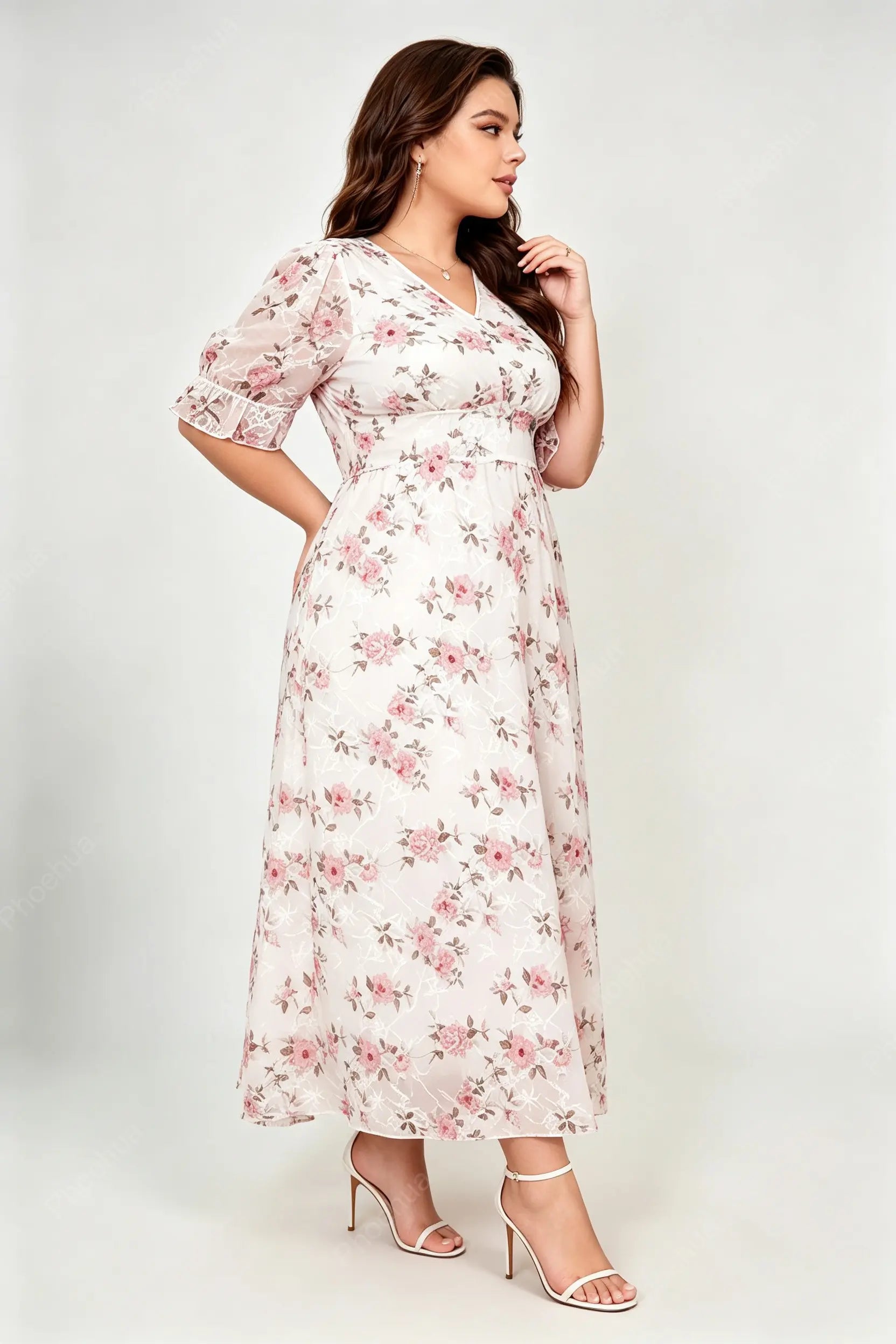 Plus Size V Neck Puff Ruffle Sleeve Pink Floral Embroidery Mesh Empire Waist A Line Maxi Dress