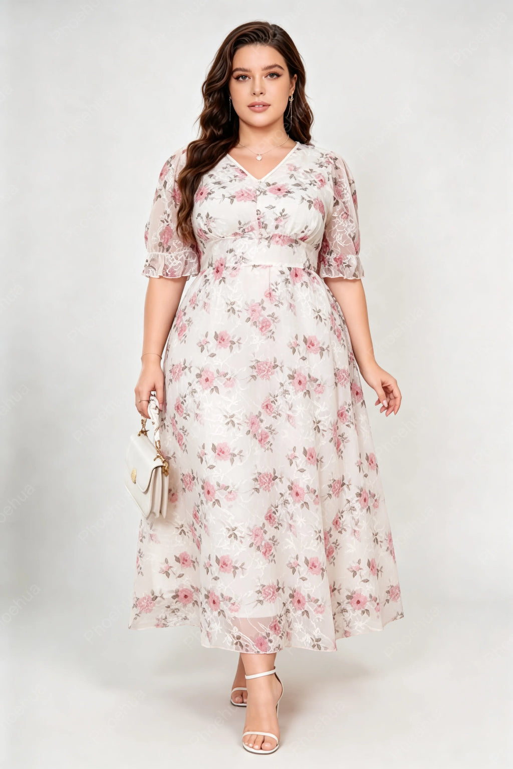 Plus Size V Neck Puff Ruffle Sleeve Pink Floral Embroidery Mesh Empire Waist A Line Maxi Dress