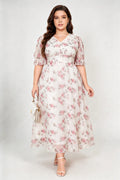 Plus Size V Neck Puff Ruffle Sleeve Pink Floral Embroidery Mesh Empire Waist A Line Maxi Dress