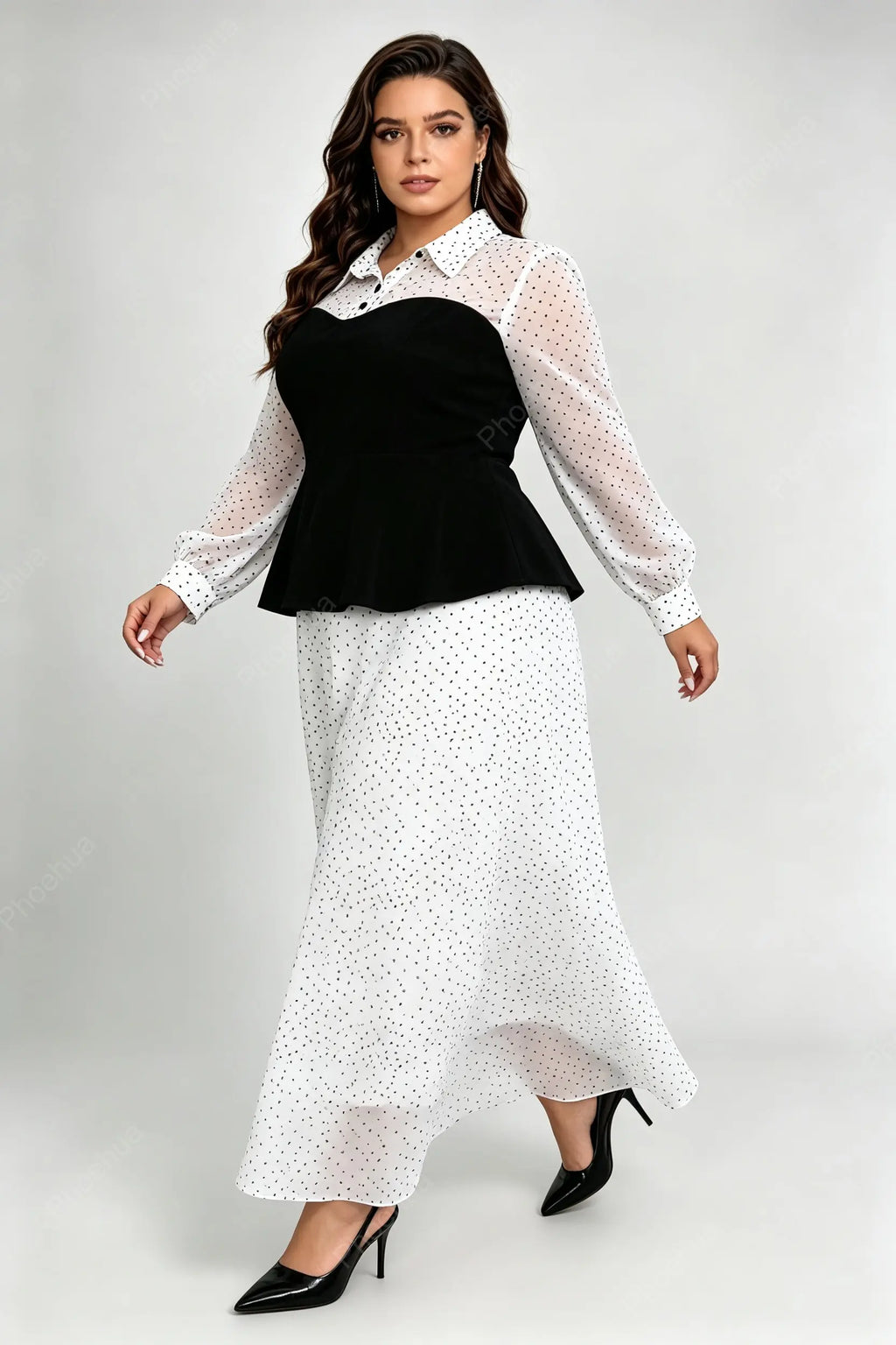 Plus Size Lapel Polka Dot Long Sleeve Patchwork Peplum Top & Loose Maxi Skirt Two Piece Dress Set
