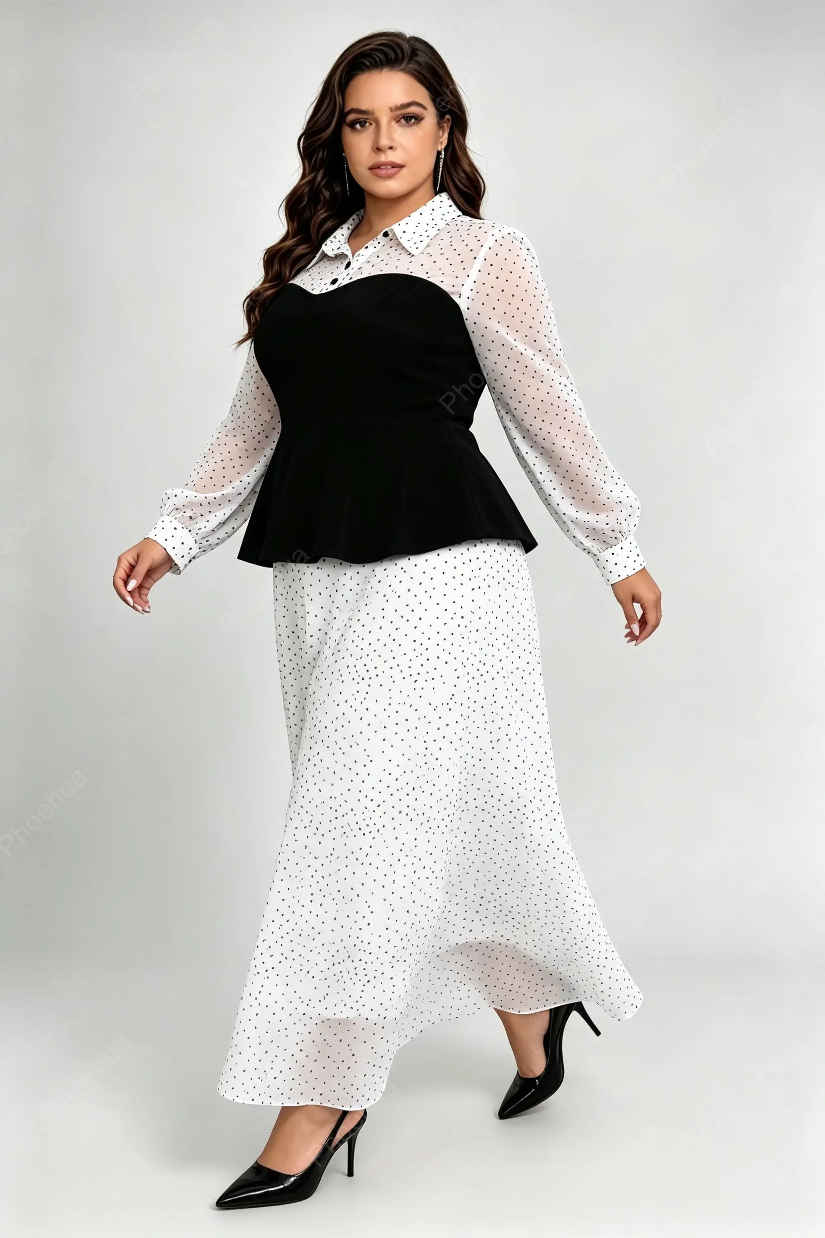 Plus Size Lapel Polka Dot Long Sleeve Patchwork Peplum Top & Loose Maxi Skirt Two Piece Dress Set