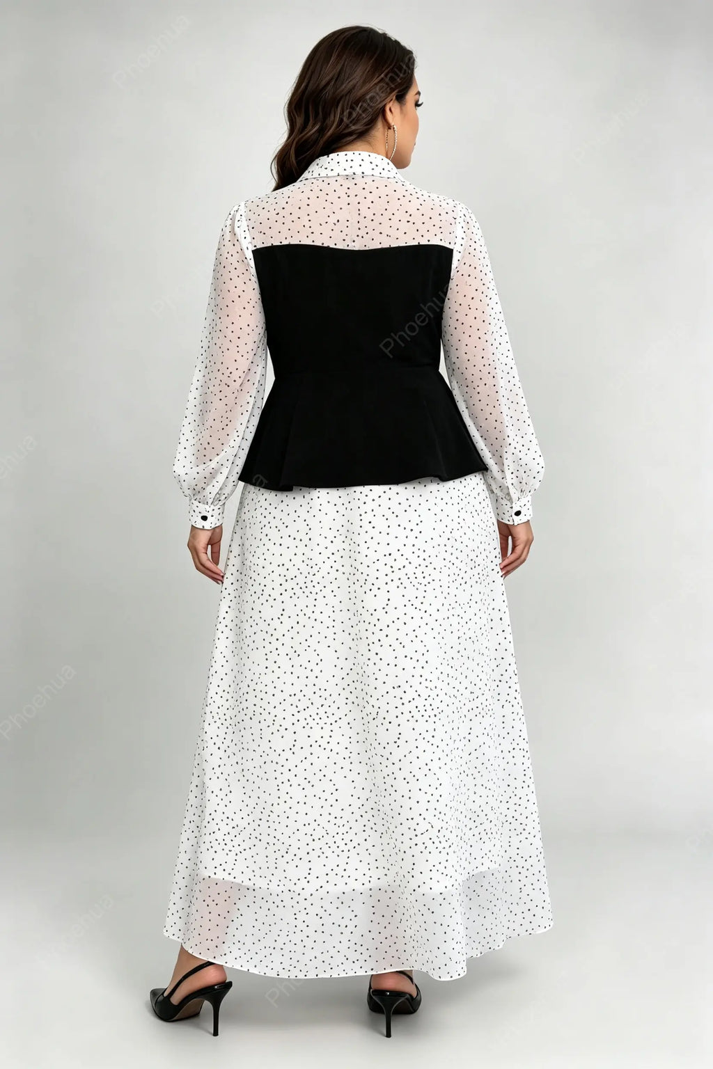 Plus Size Lapel Polka Dot Long Sleeve Patchwork Peplum Top & Loose Maxi Skirt Two Piece Dress Set
