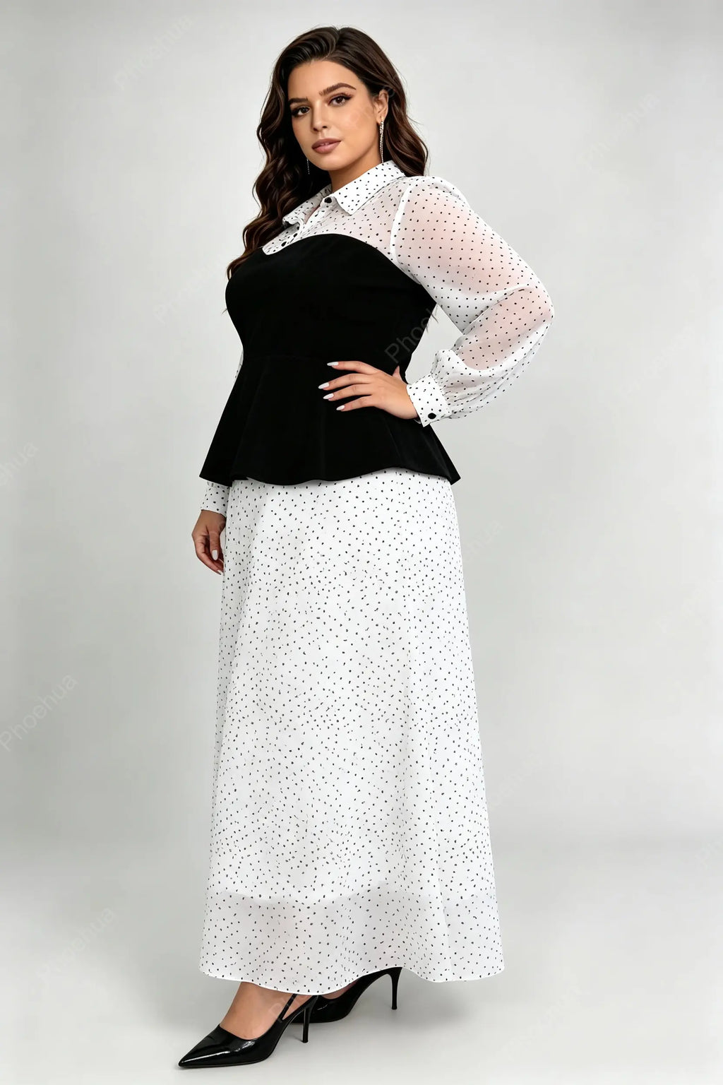Plus Size Lapel Polka Dot Long Sleeve Patchwork Peplum Top & Loose Maxi Skirt Two Piece Dress Set