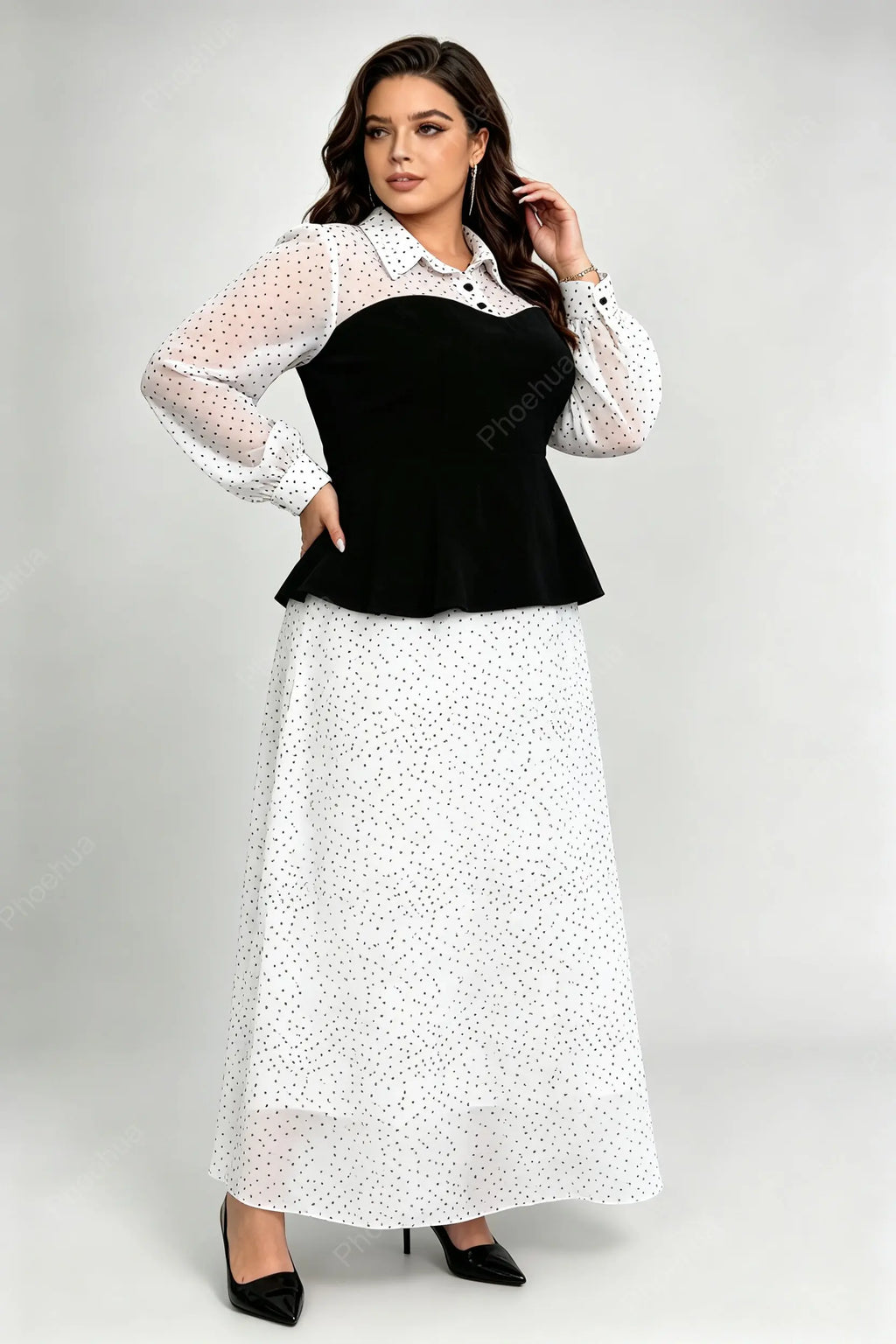 Plus Size Lapel Polka Dot Long Sleeve Patchwork Peplum Top & Loose Maxi Skirt Two Piece Dress Set