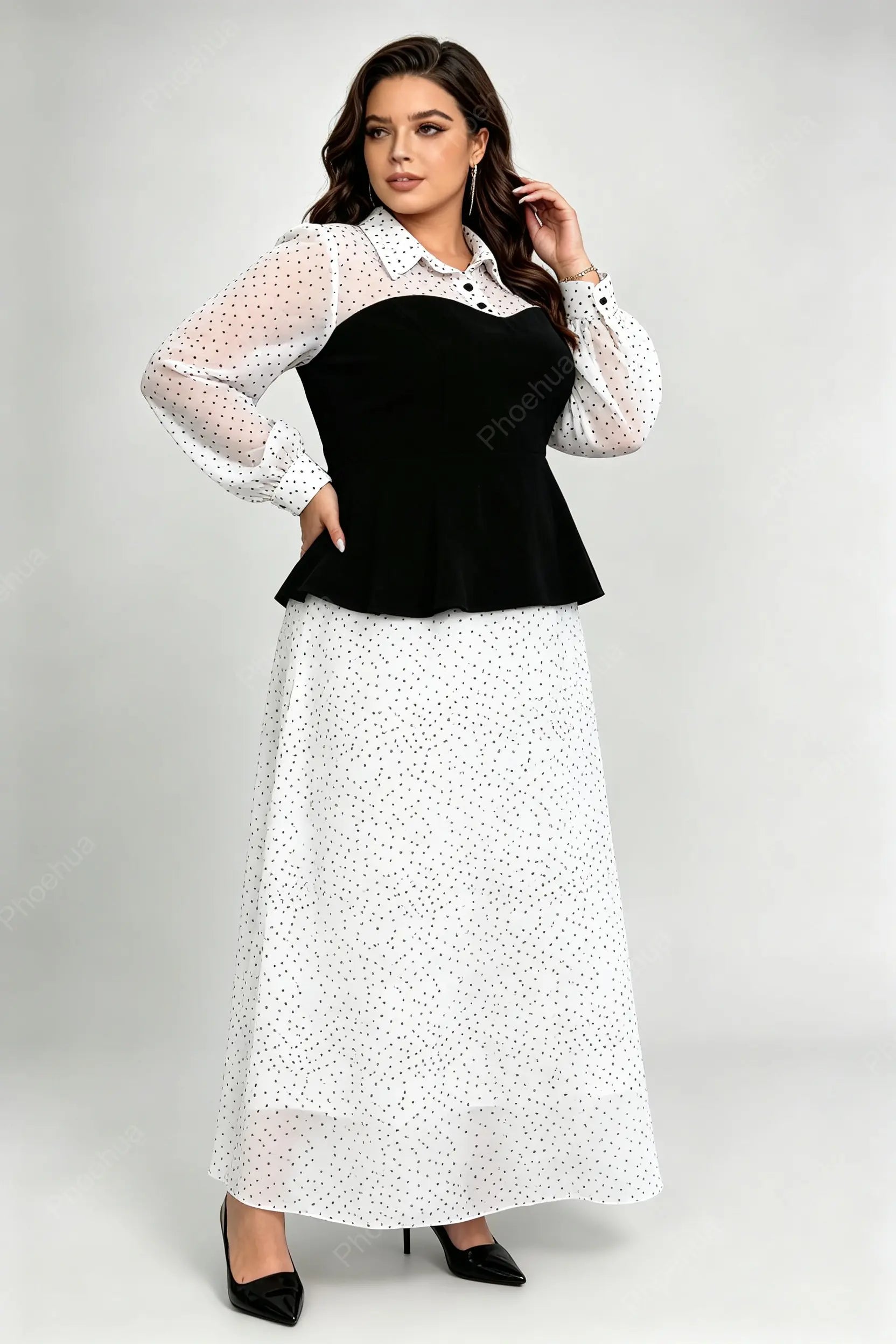 Plus Size Lapel Polka Dot Long Sleeve Patchwork Peplum Top & Loose Maxi Skirt Two Piece Dress Set